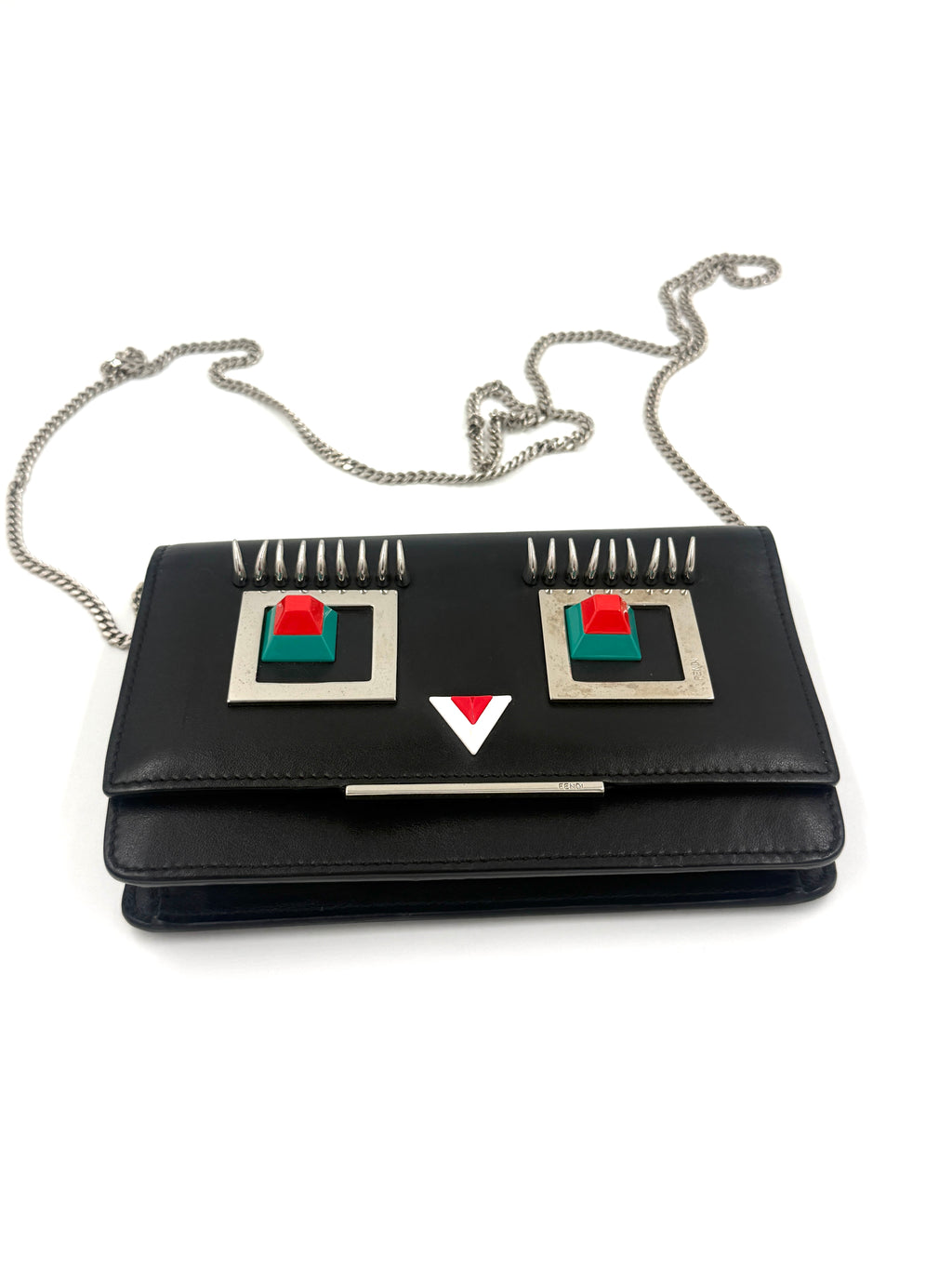 Pre-Owned Fendi Monster Eyes Hypnoteyes Black Leather Wallet On Chain - Authenticated