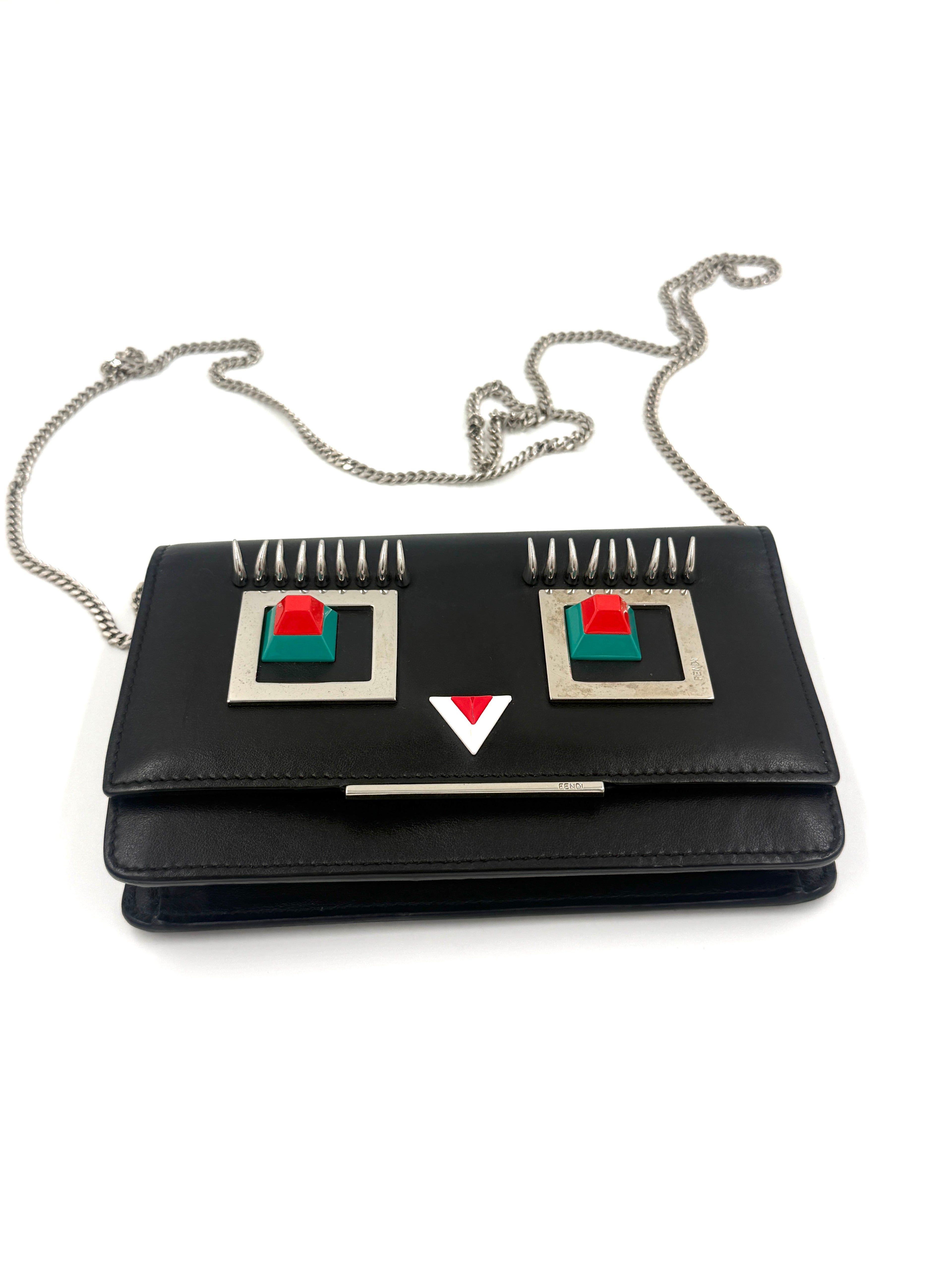 Pre-Owned Fendi Monster Eyes Hypnoteyes Black Leather Wallet On Chain - Authenticated