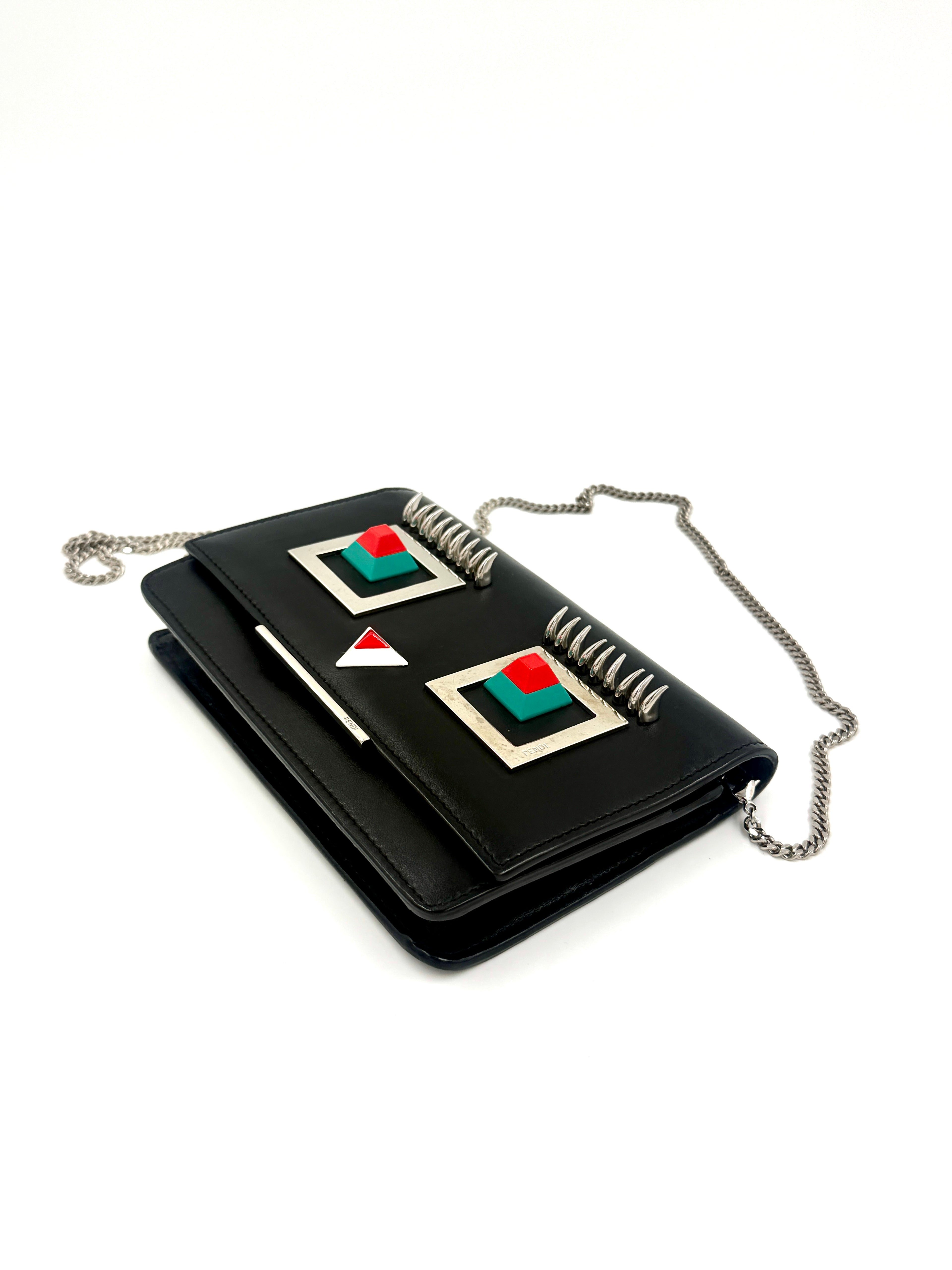 Pre-Owned Fendi Monster Eyes Hypnoteyes Black Leather Wallet On Chain - Authenticated