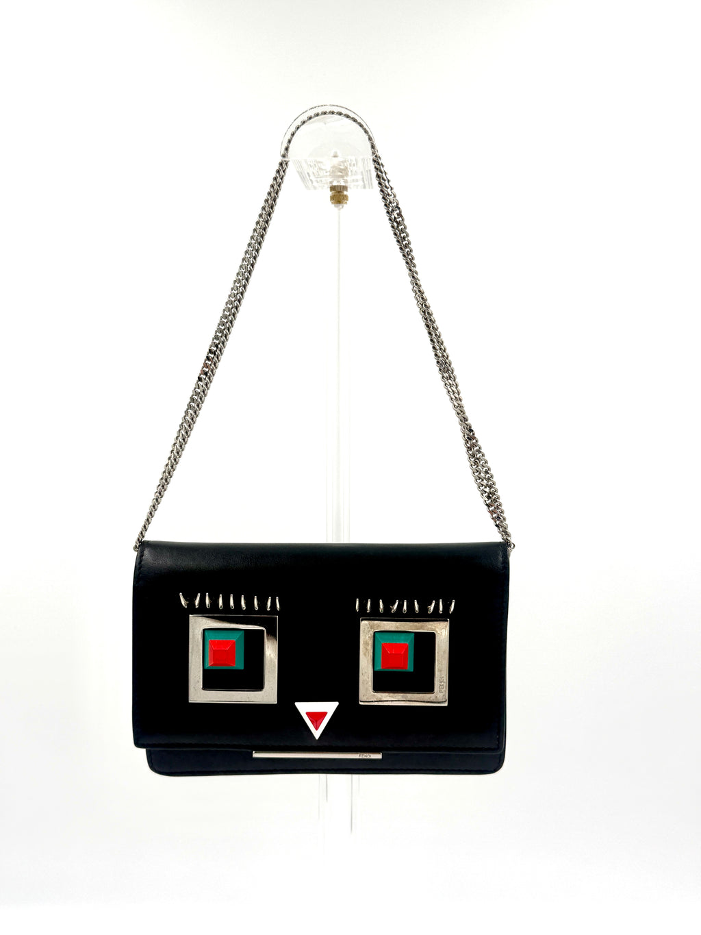Pre-Owned Fendi Monster Eyes Hypnoteyes Black Leather Wallet On Chain - Authenticated