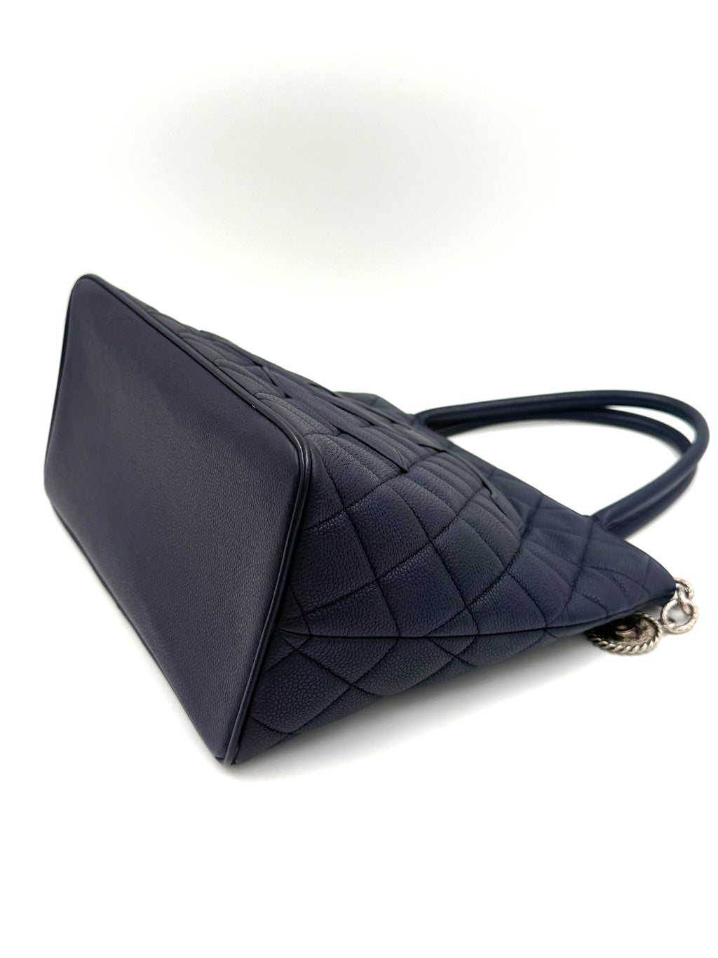 Pre-Owned Chanel Quilted Caviar Leather Navy Medallion Tote Silver Hardware - Authenticated
