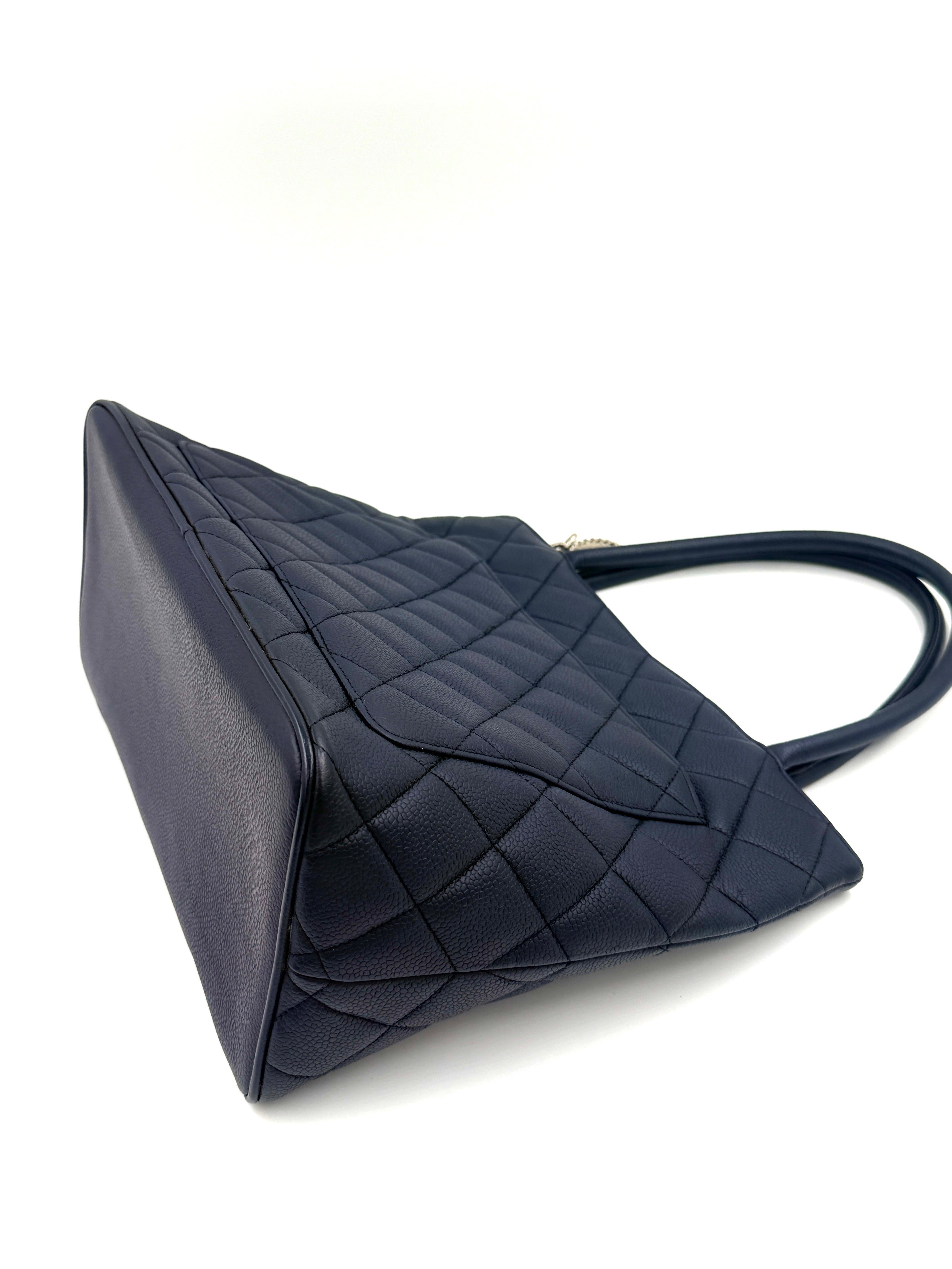 Pre-Owned Chanel Quilted Caviar Leather Navy Medallion Tote Silver Hardware - Authenticated