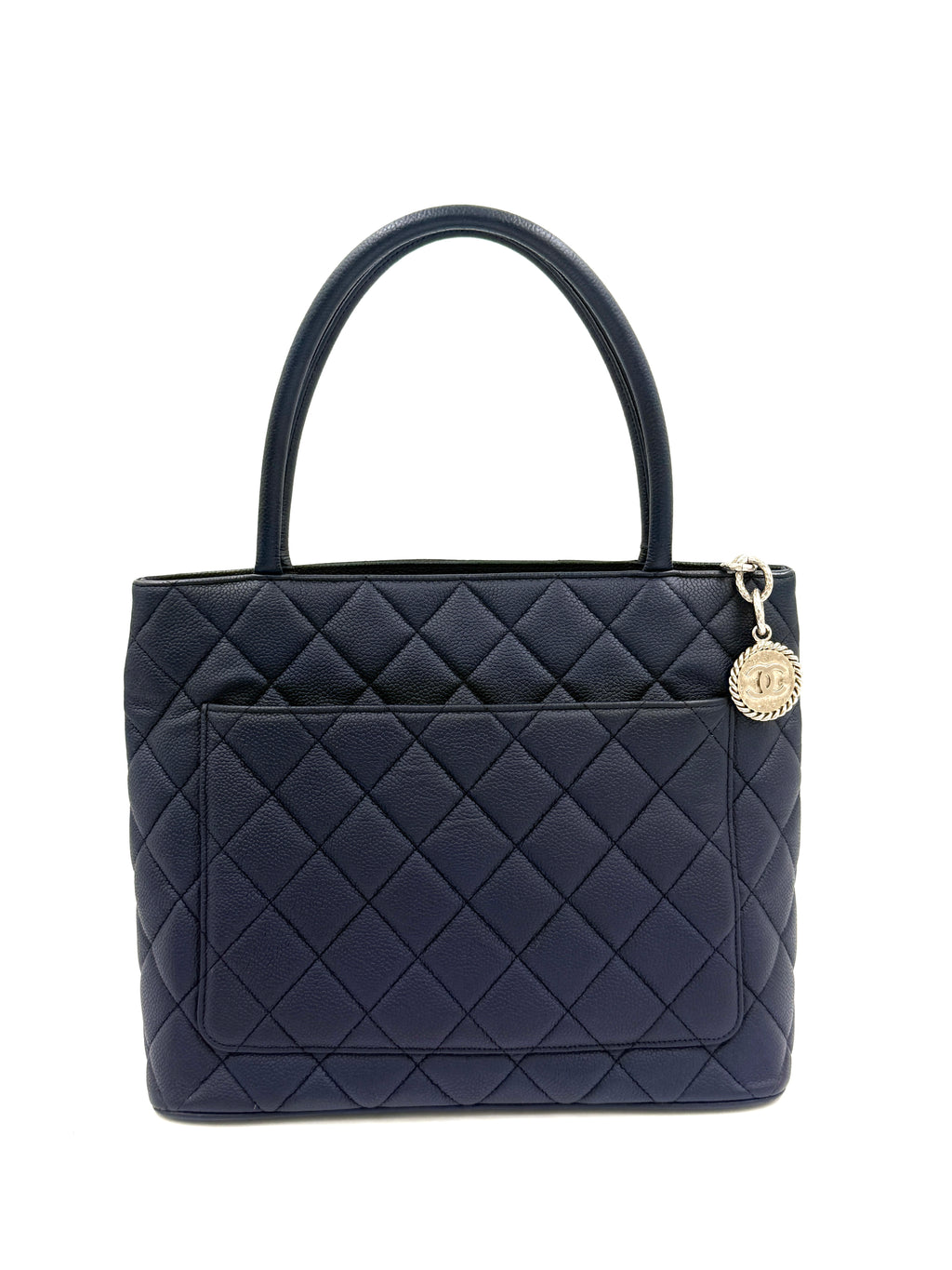 Pre-Owned Chanel Quilted Caviar Leather Navy Medallion Tote Silver Hardware - Authenticated
