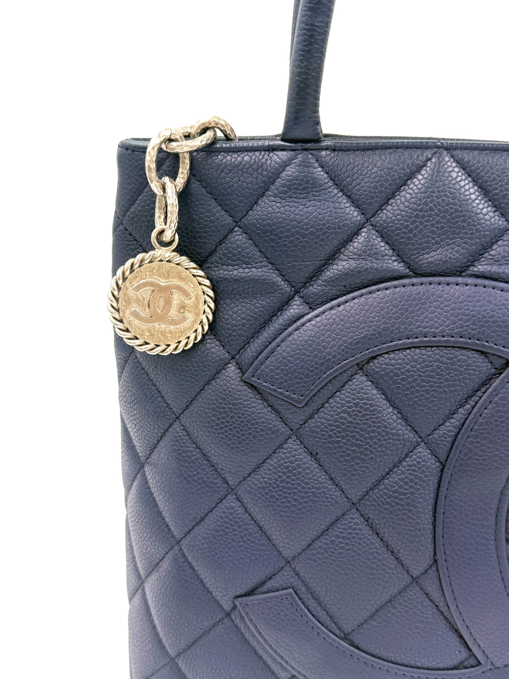 Pre-Owned Chanel Quilted Caviar Leather Navy Medallion Tote Silver Hardware - Authenticated