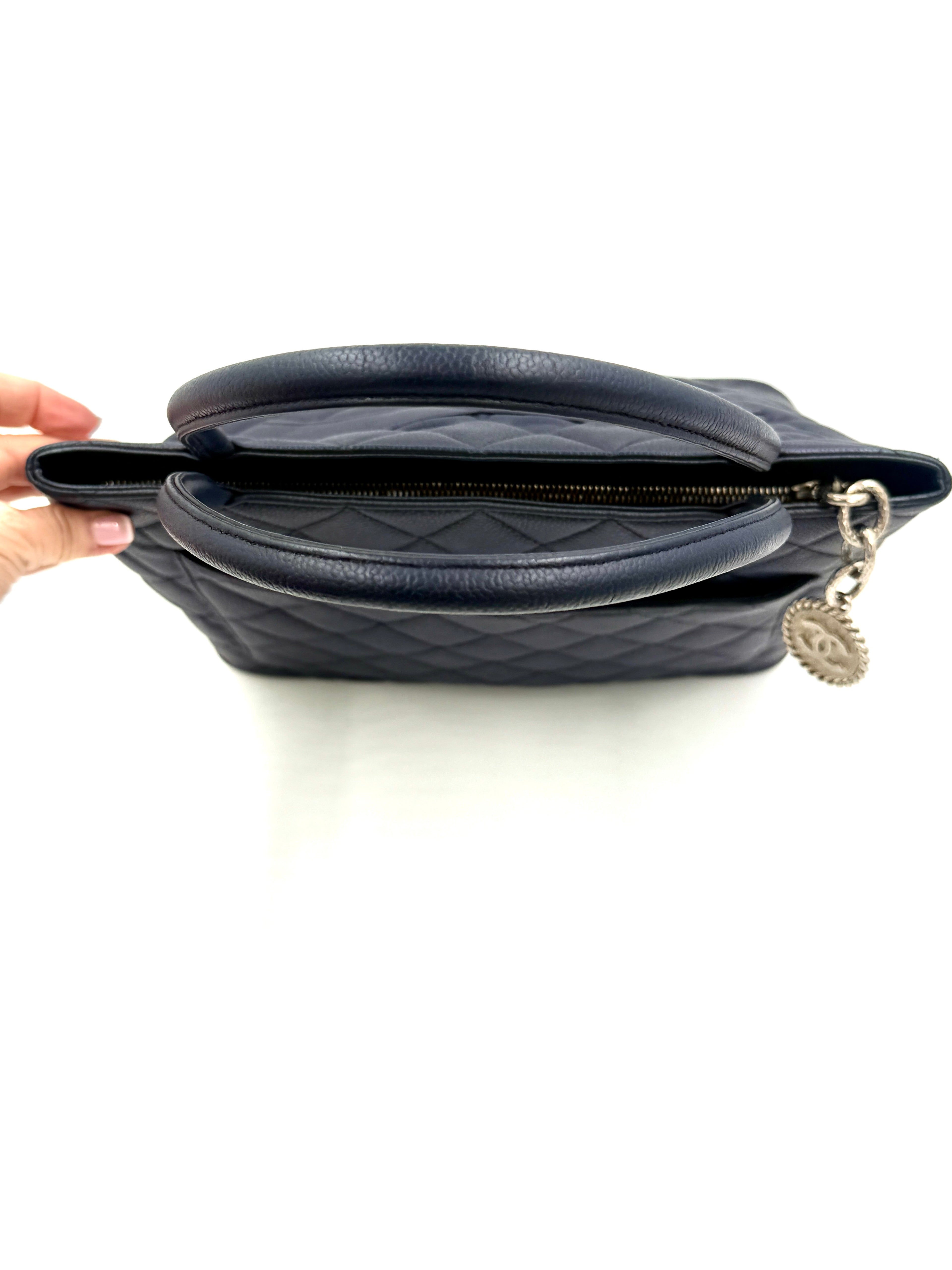 Pre-Owned Chanel Quilted Caviar Leather Navy Medallion Tote Silver Hardware - Authenticated