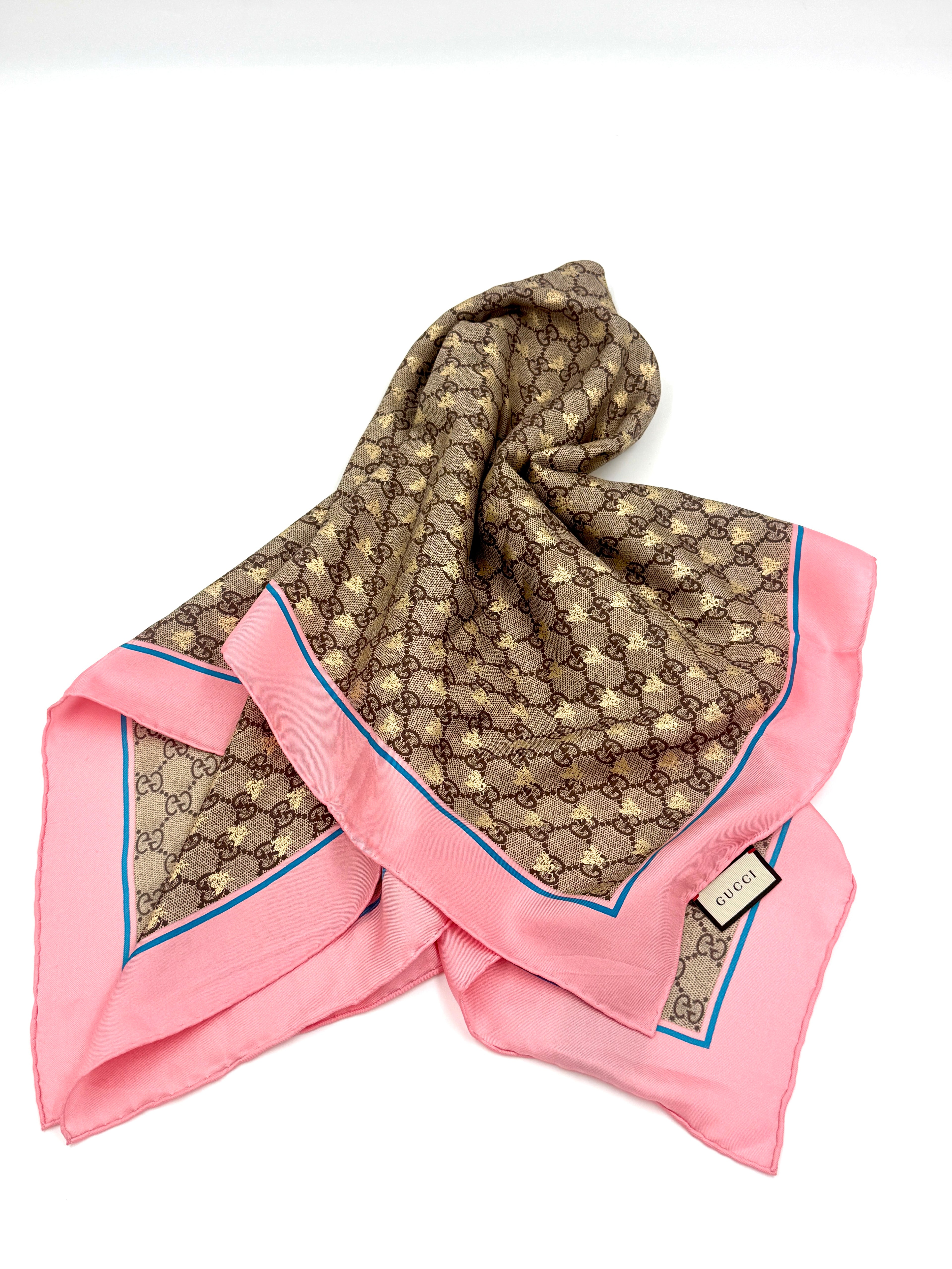 Pre-Owned Gucci Bee Motif Silk Jacquard Scarf Pink - Authenticated