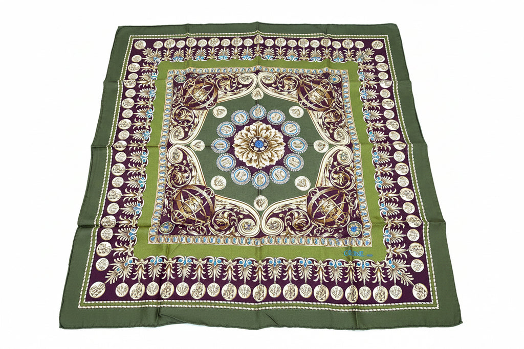 Pre-Owned Celine Silk Scarf Green and Burgundy Multicolor - Authenticated