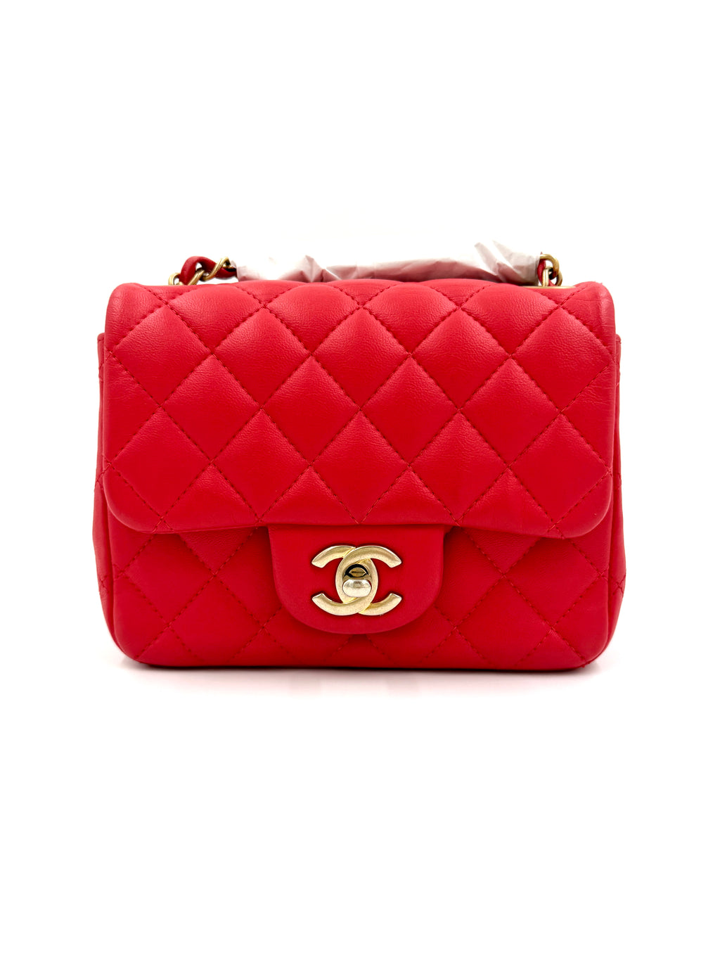 Pre-Owned Chanel Red Quilted Lambskin Leather Classic Square Mini Flap Bag - Authenticated
