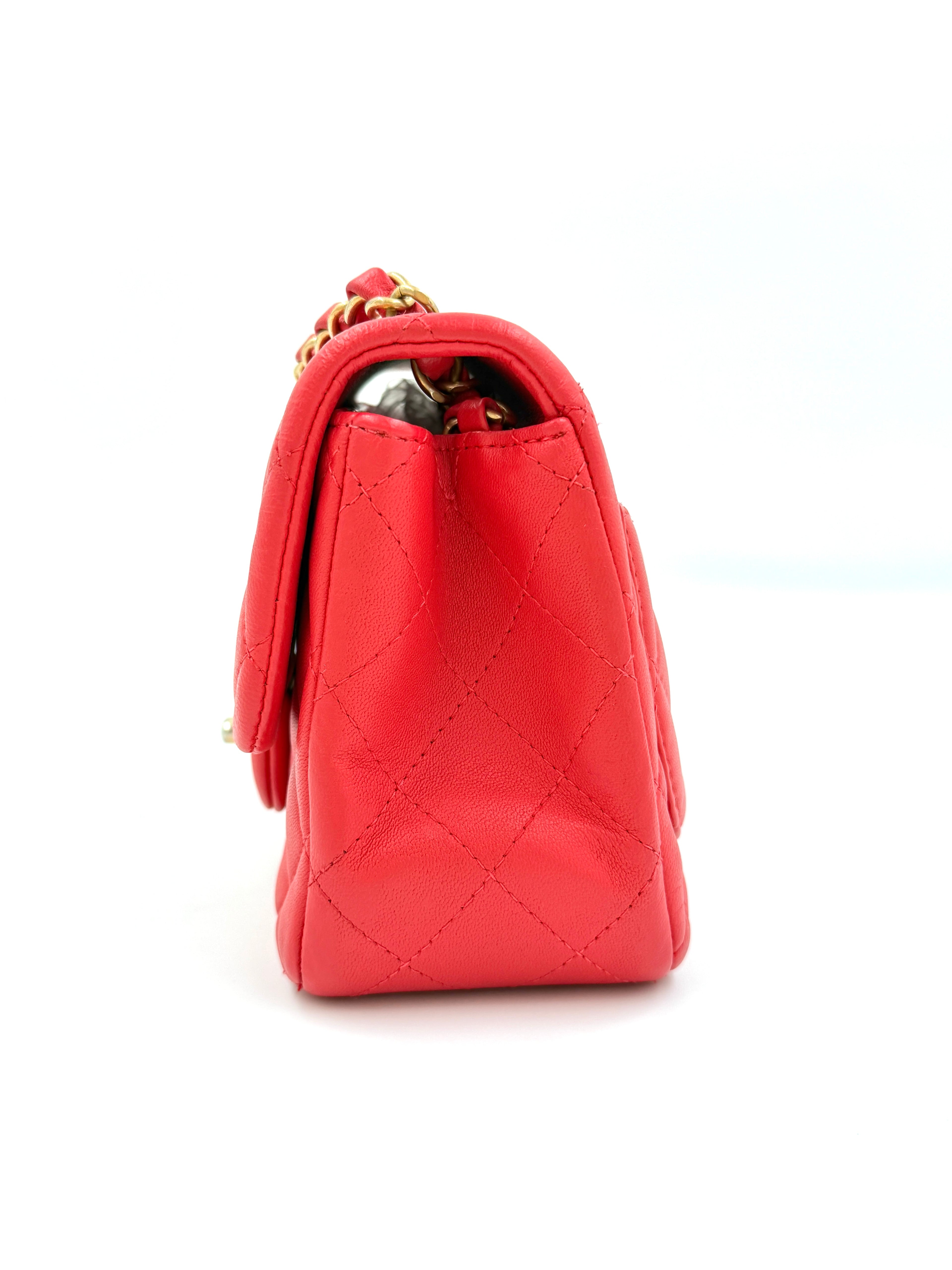 Pre-Owned Chanel Red Quilted Lambskin Leather Classic Square Mini Flap Bag - Authenticated