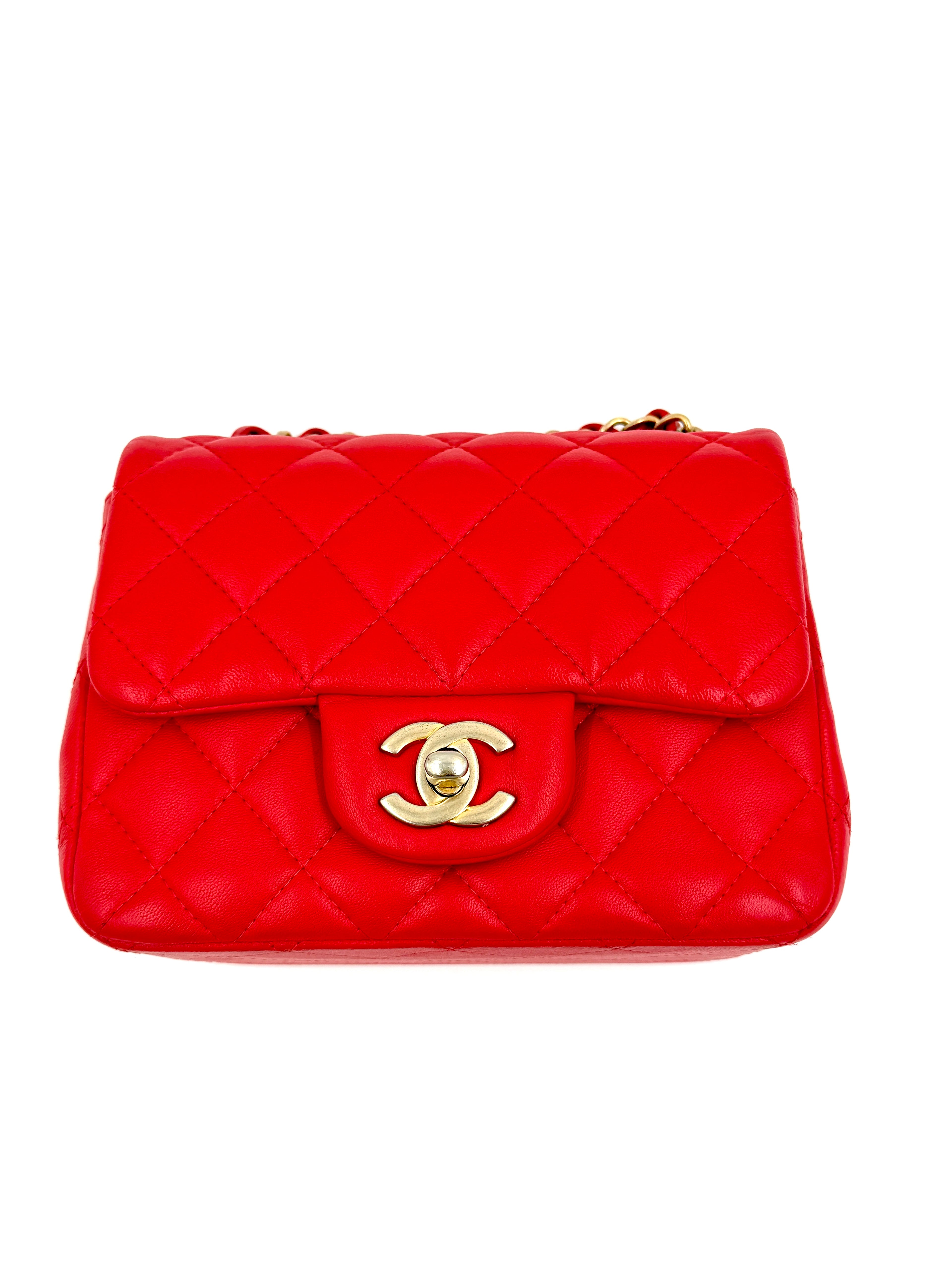 Pre-Owned Chanel Red Quilted Lambskin Leather Classic Square Mini Flap Bag - Authenticated