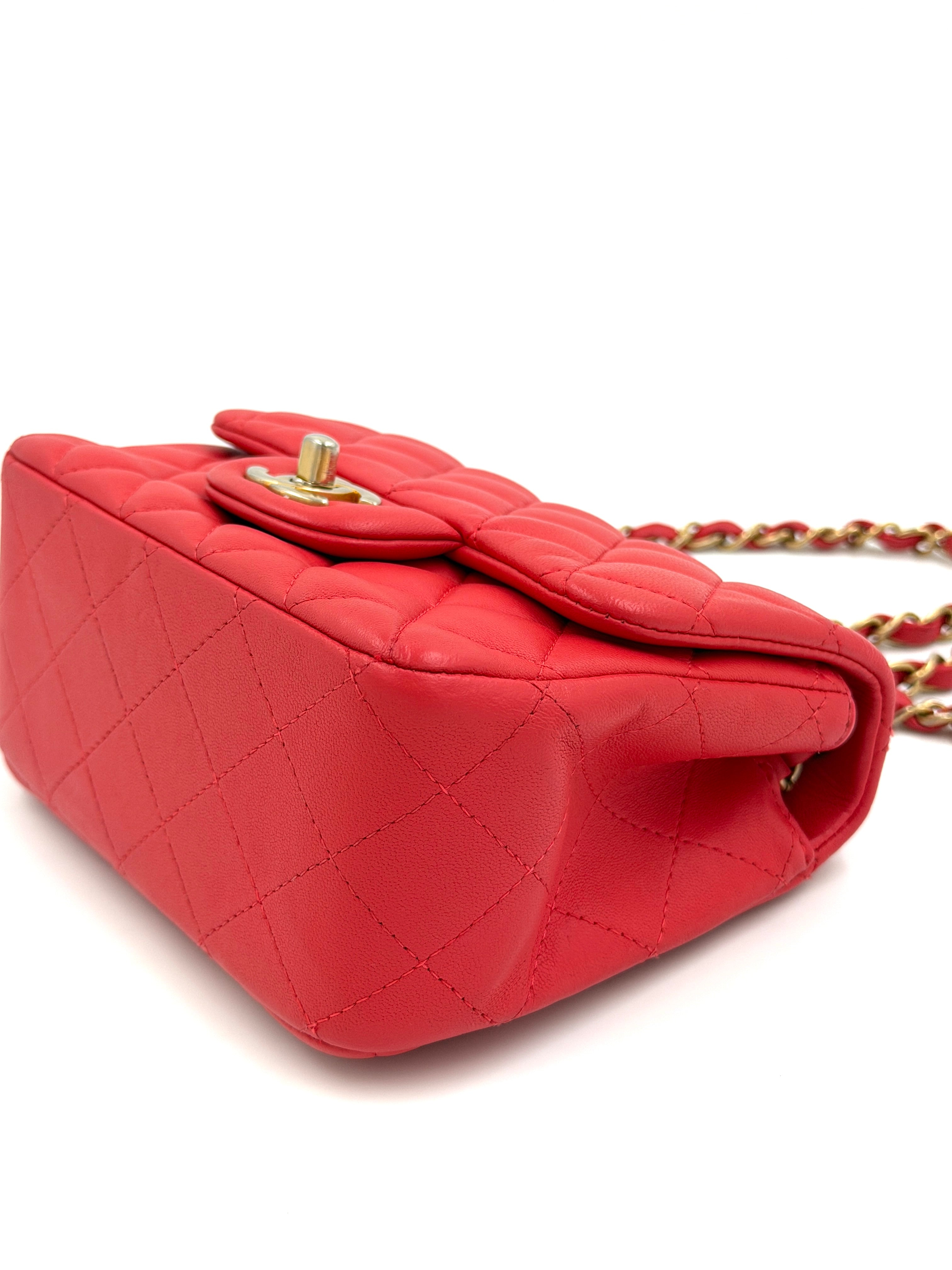 Pre-Owned Chanel Red Quilted Lambskin Leather Classic Square Mini Flap Bag - Authenticated