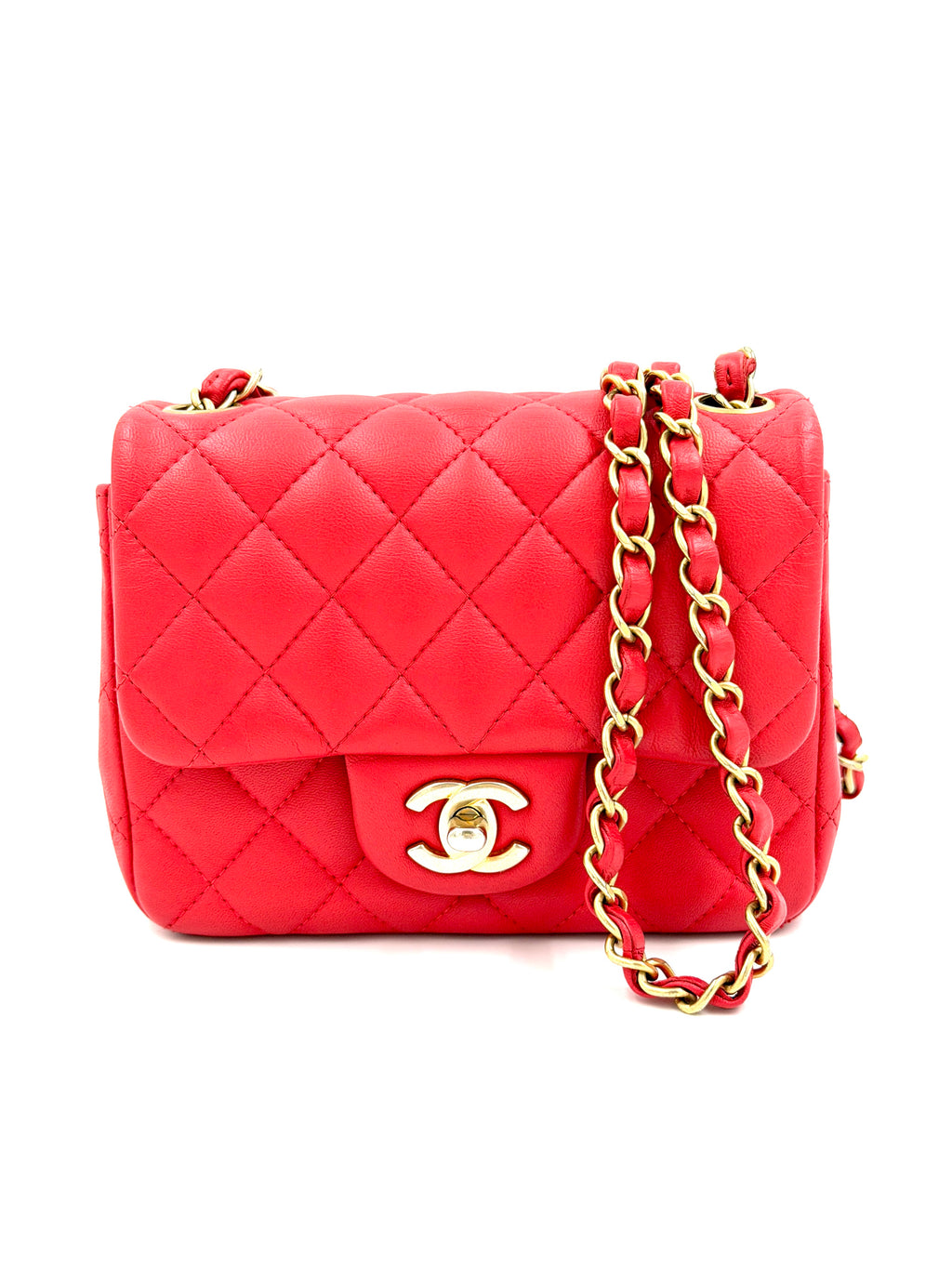 Pre-Owned Chanel Red Quilted Lambskin Leather Classic Square Mini Flap Bag - Authenticated