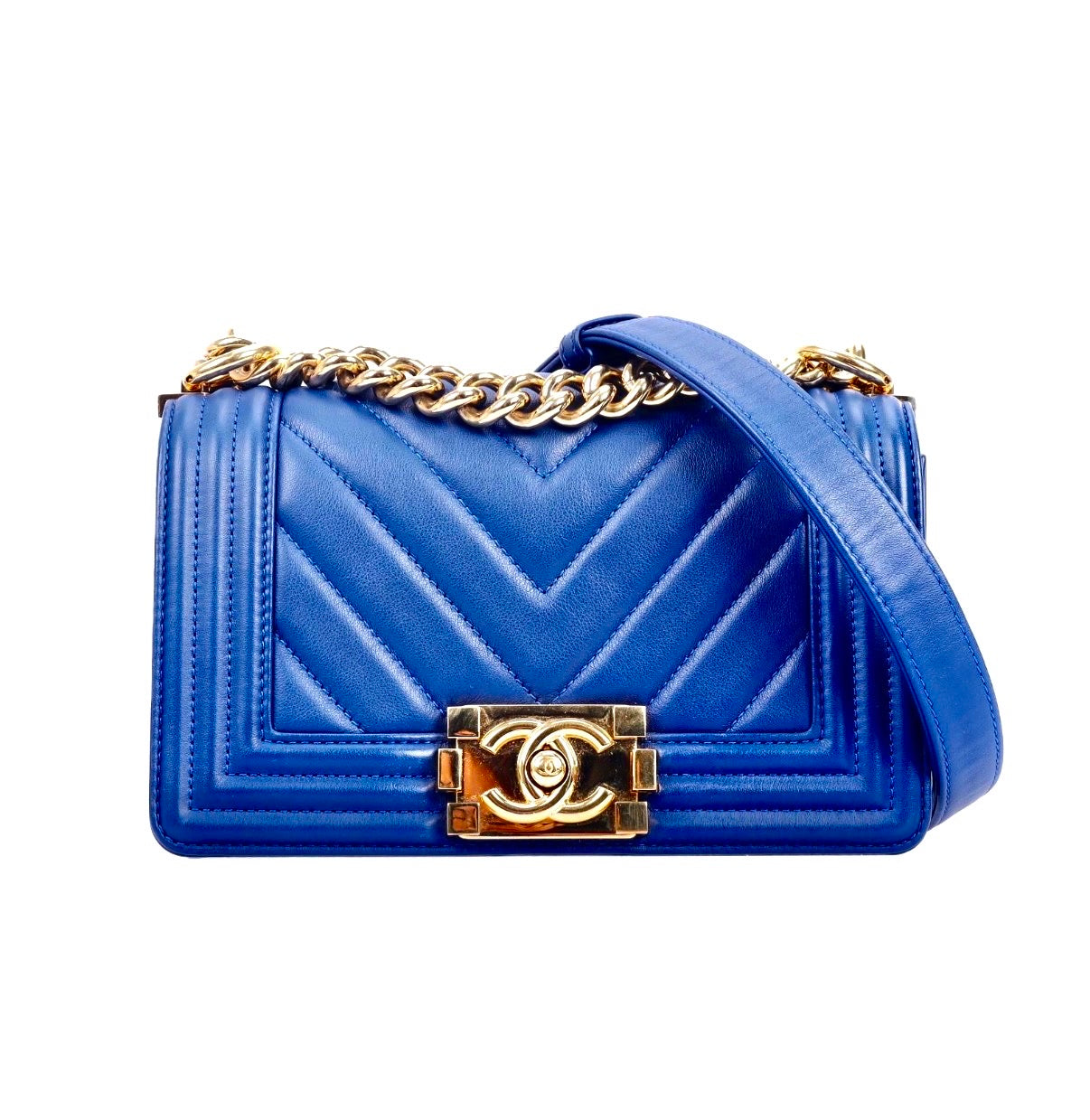 Pre-Owned Chanel Chevron Blue Boy Bag with Gold Hardware Small - Authenticated
