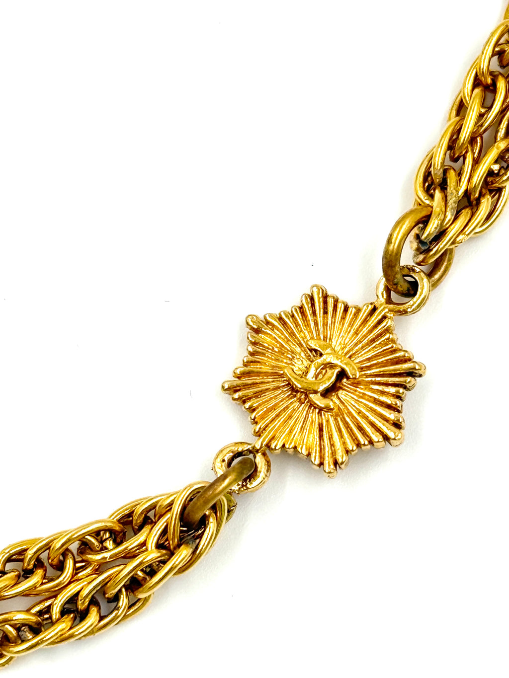Pre-Owned Authentic Chanel CC Sunburst Double Chain Gold Plated Necklace - Authenticated