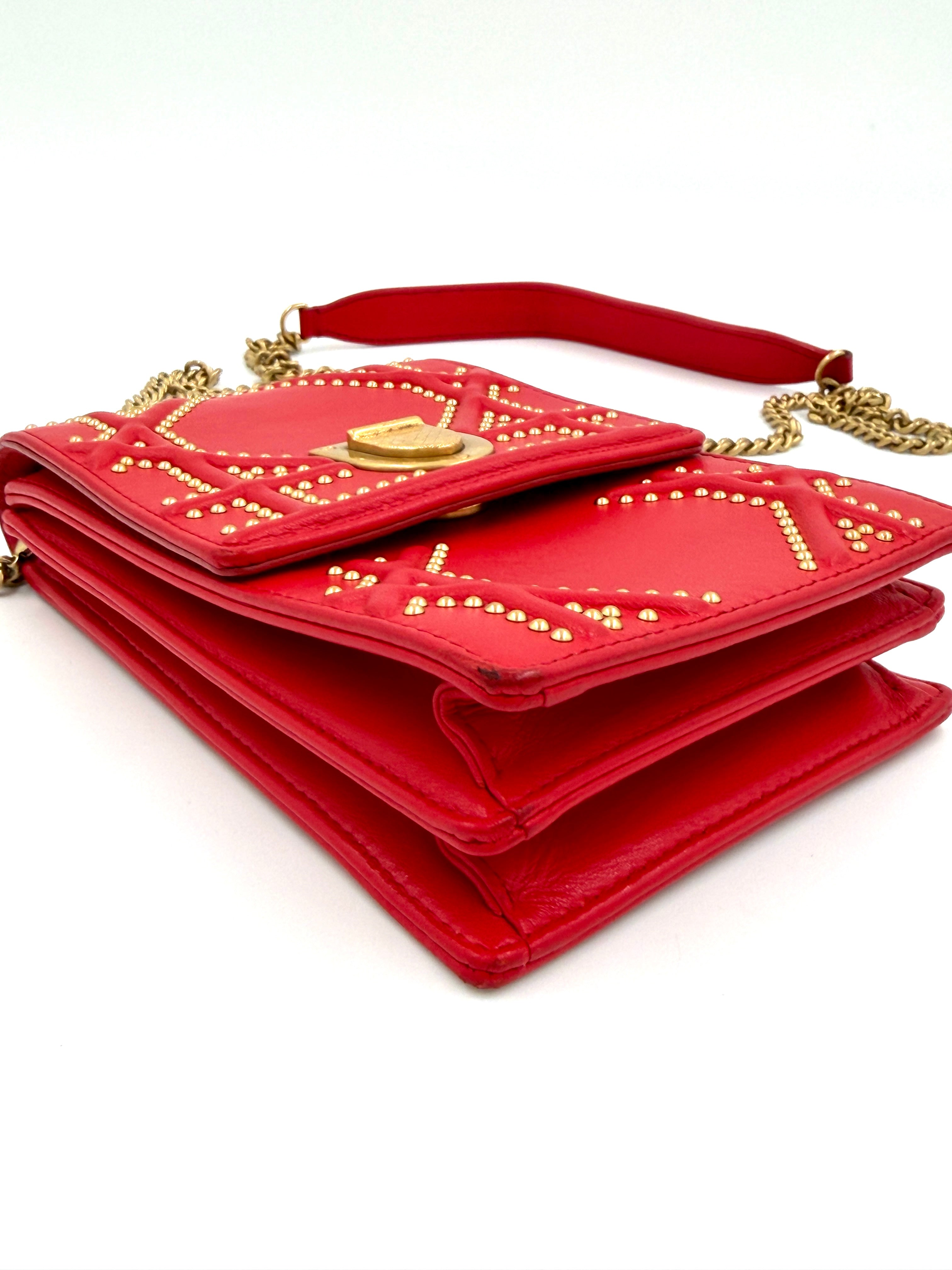 Christian Dior Red Diorama Vertical Clutch on Chain Studded Leather - Authenticated