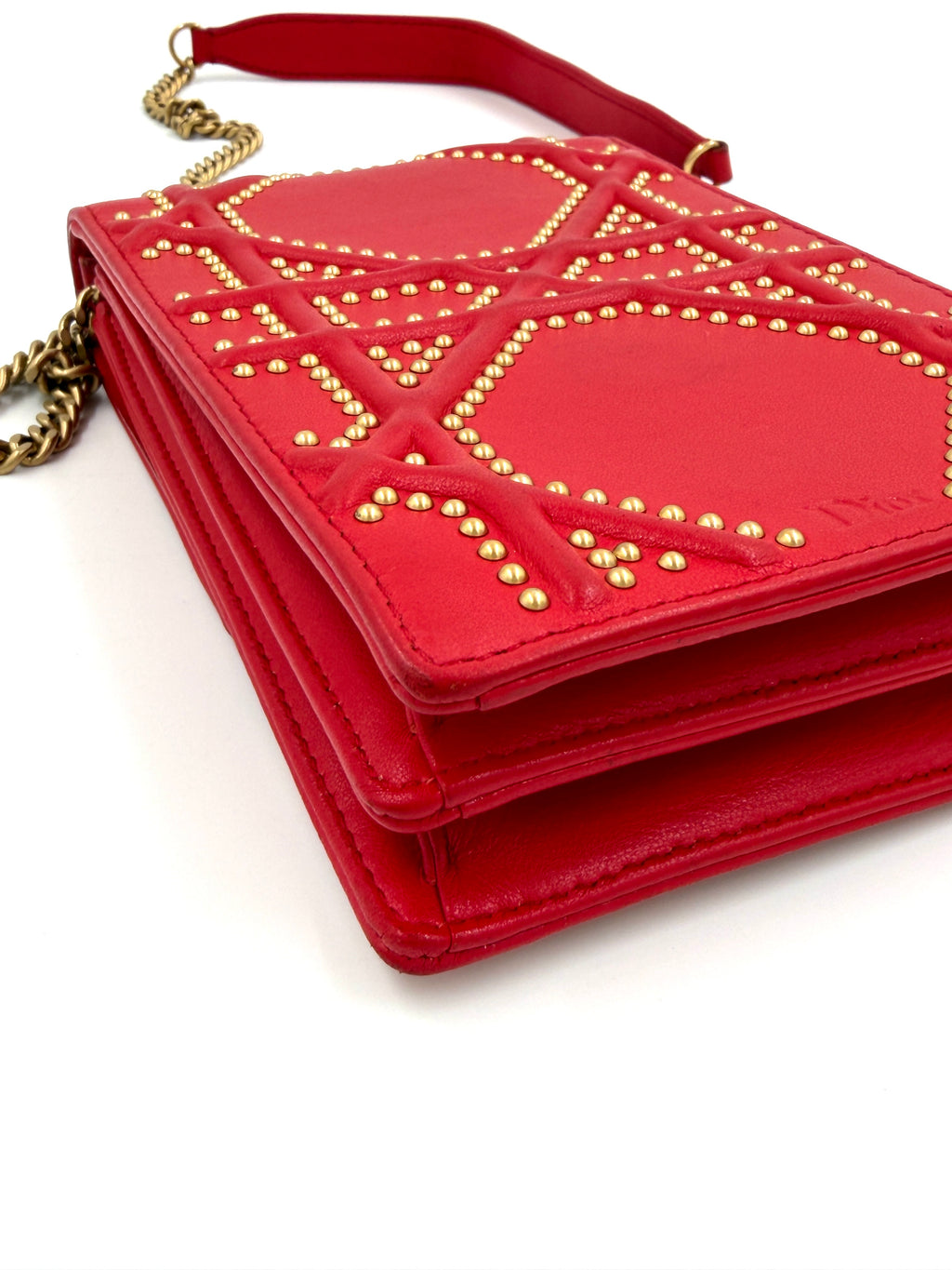 Christian Dior Red Diorama Vertical Clutch on Chain Studded Leather - Authenticated