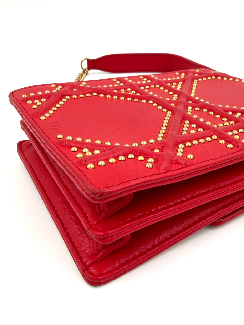 Christian Dior Red Diorama Vertical Clutch on Chain Studded Leather - Authenticated