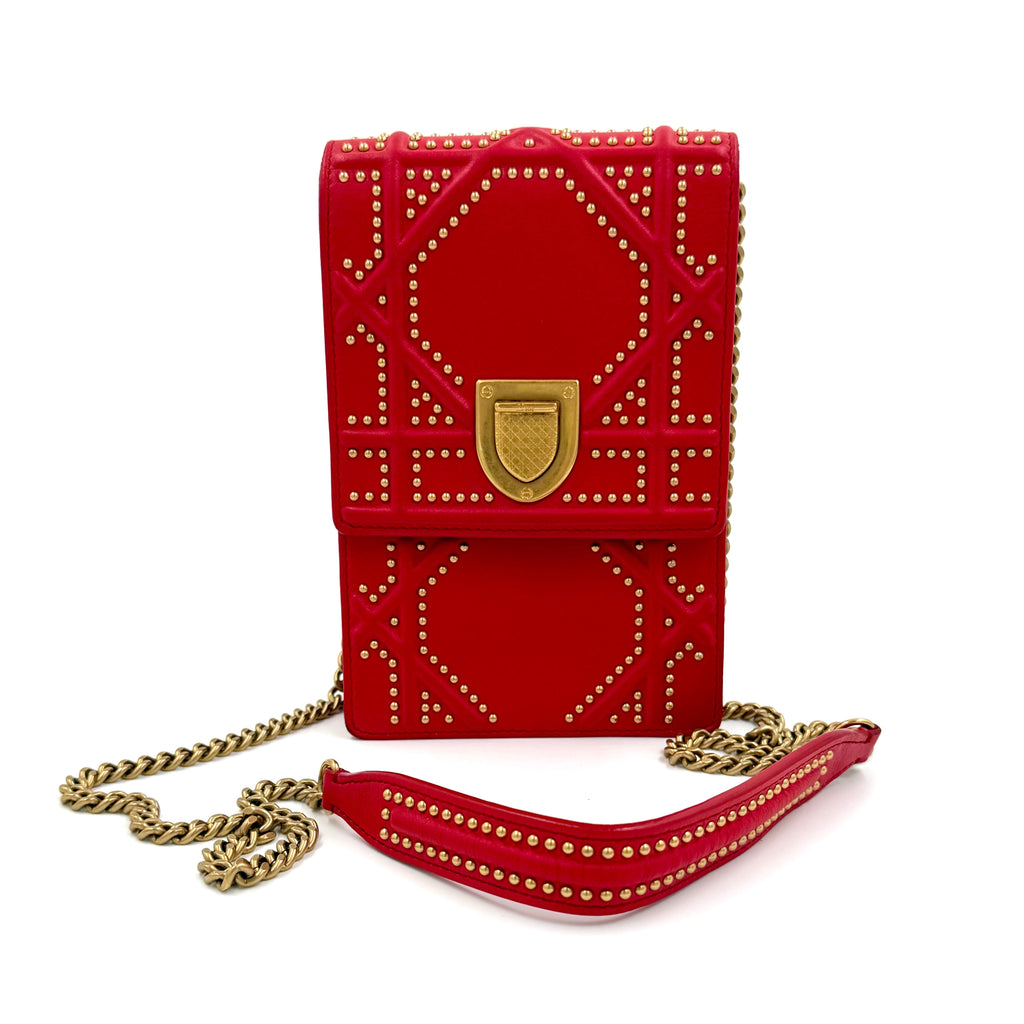 Christian Dior Red Diorama Vertical Clutch on Chain Studded Leather - Authenticated