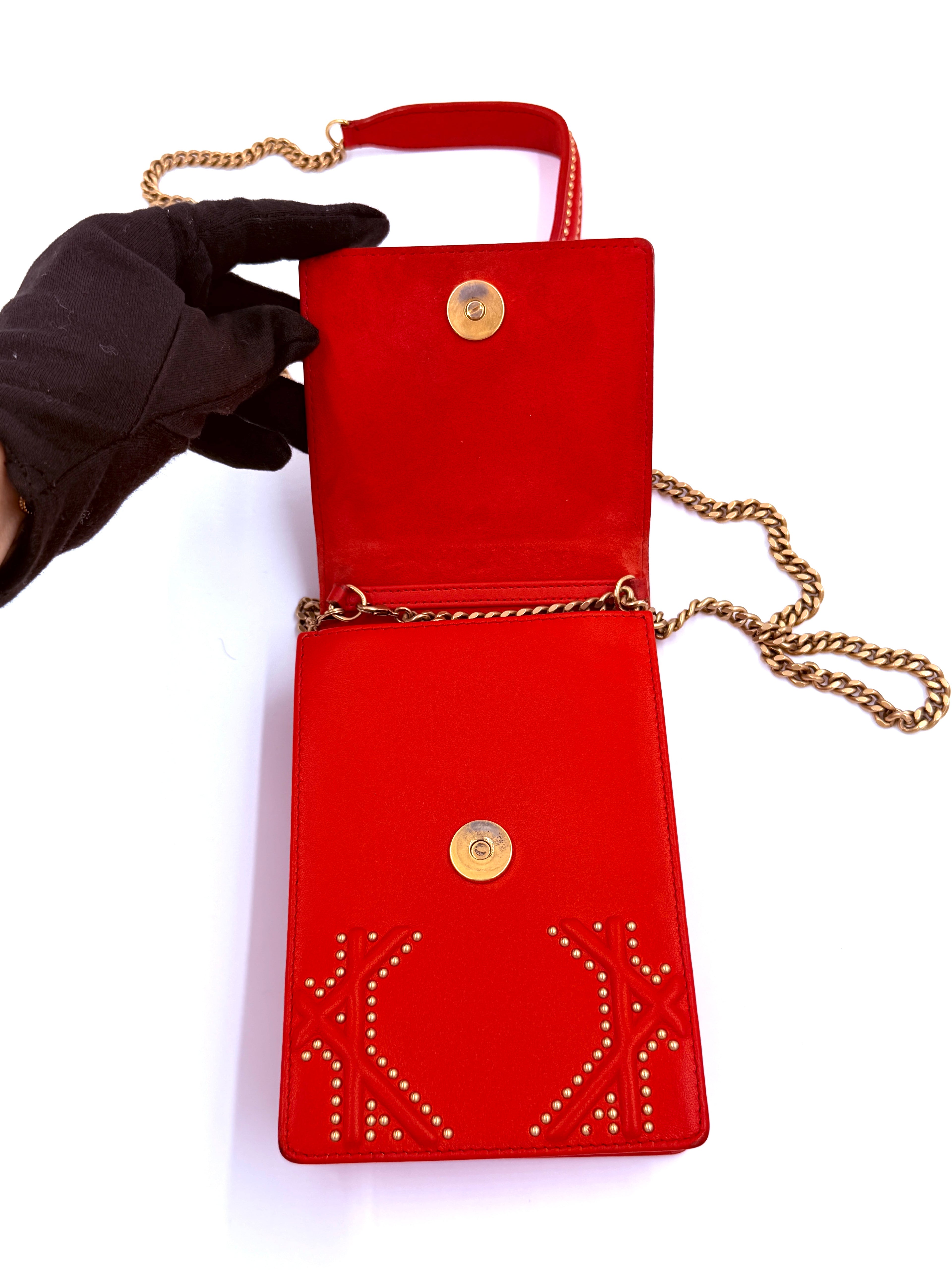 Christian Dior Red Diorama Vertical Clutch on Chain Studded Leather - Authenticated