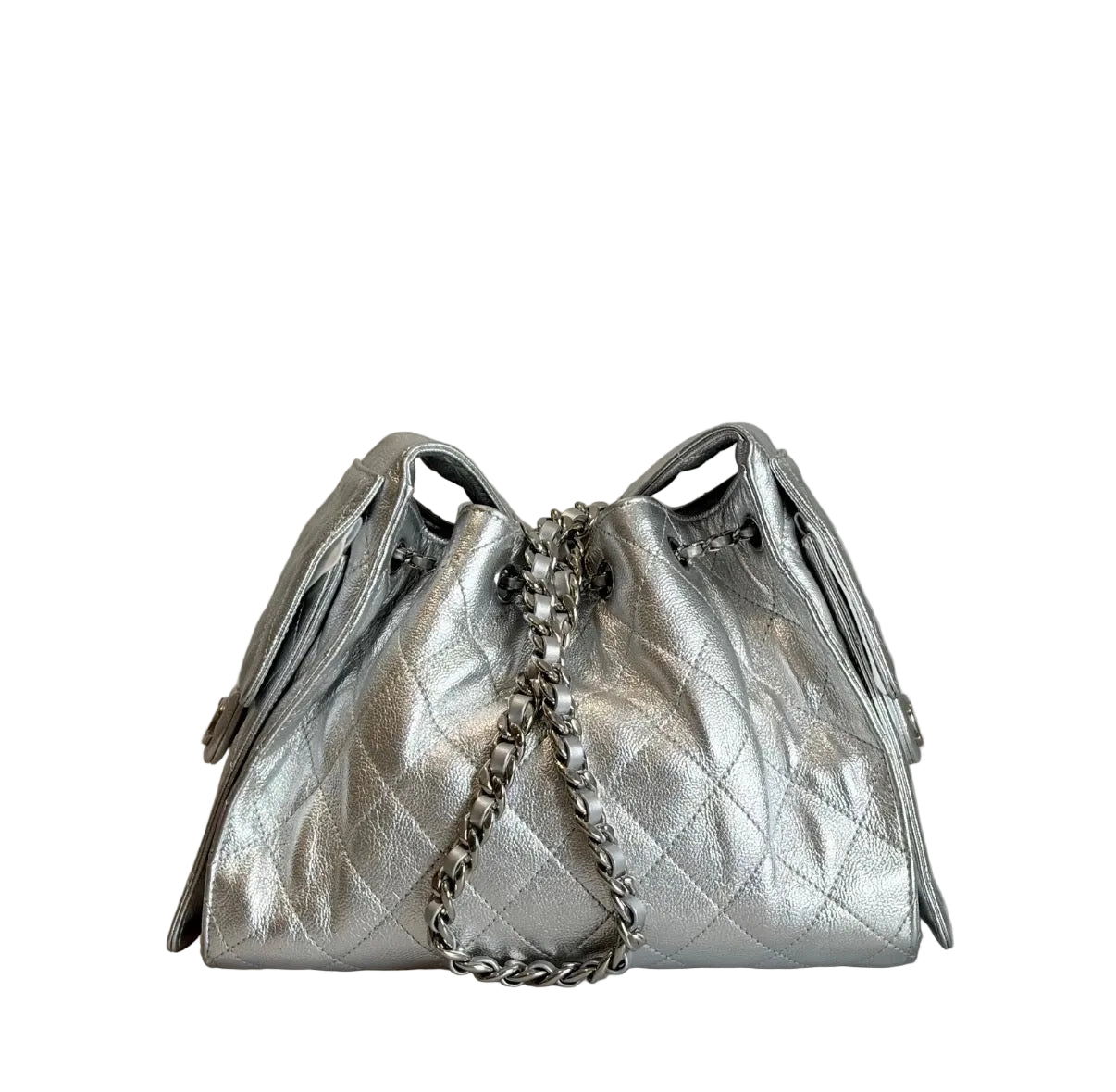 Pre-owned Chanel 25 Bag Metallic Silver Caviar Silver Hardware - Authenticated