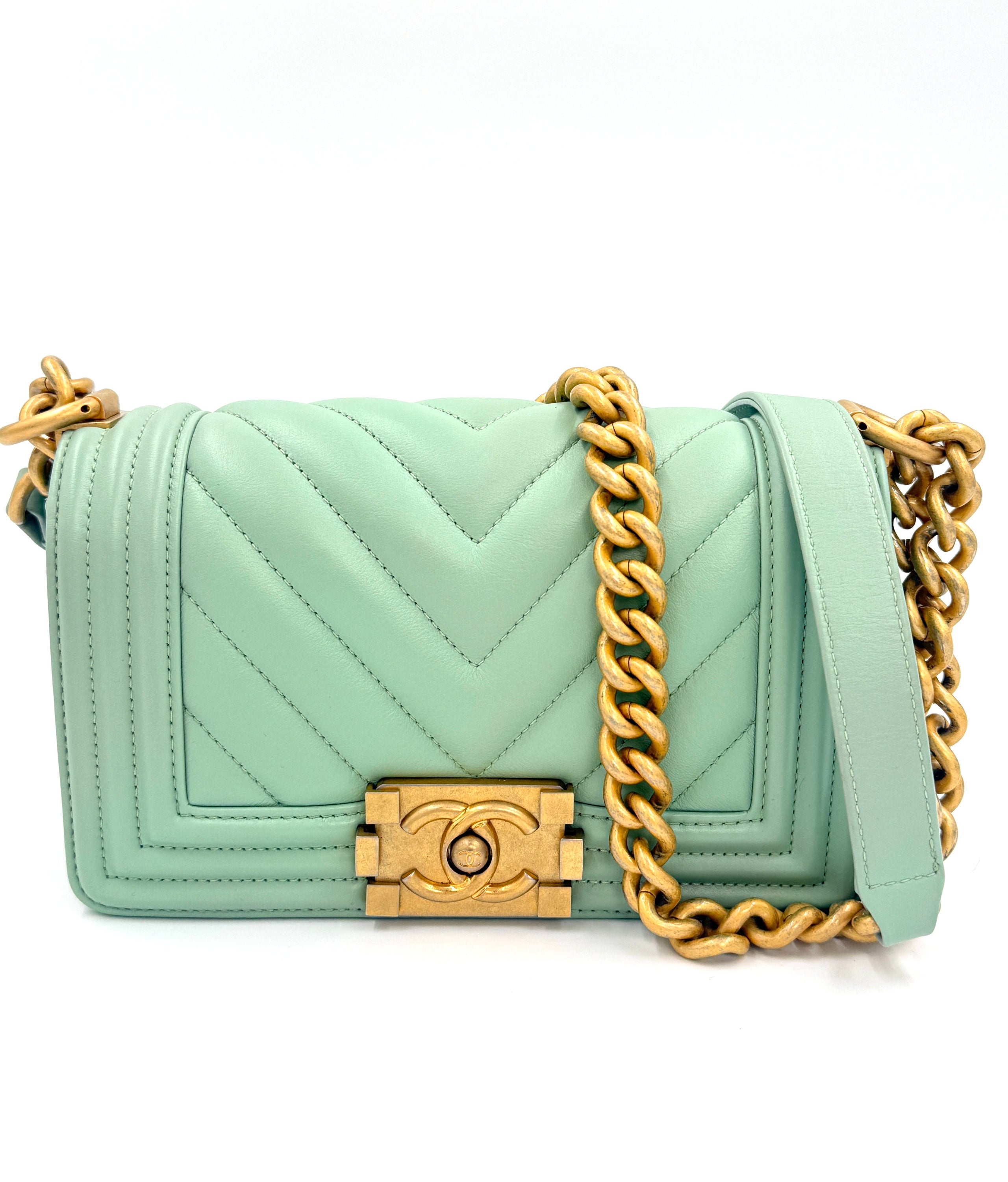 Pre-Owned Chanel Chevron Boy Bag Mint Green with Gold Hardware Small - Authenticated