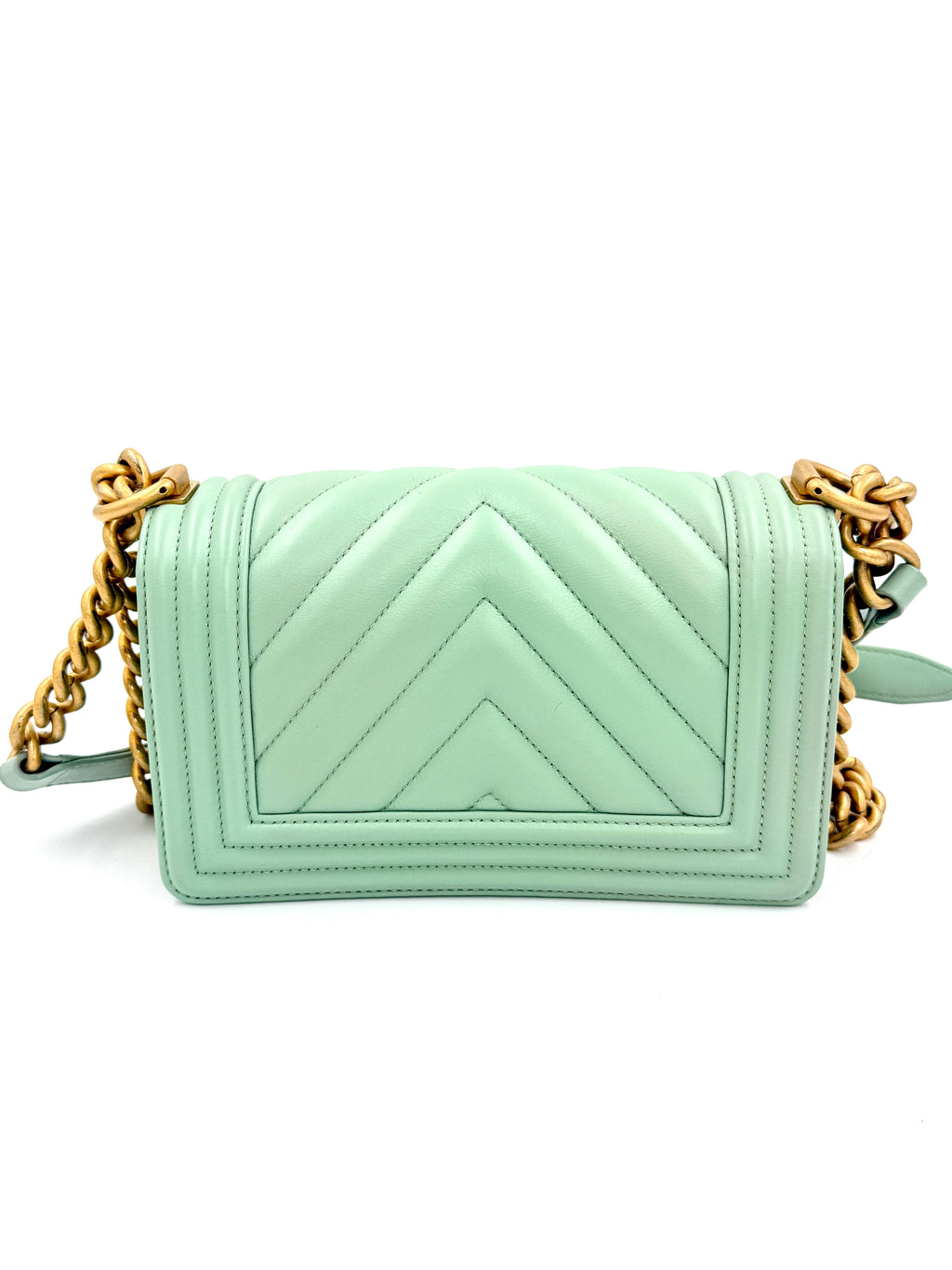 Pre-Owned Chanel Chevron Boy Bag Mint Green with Gold Hardware Small - Authenticated