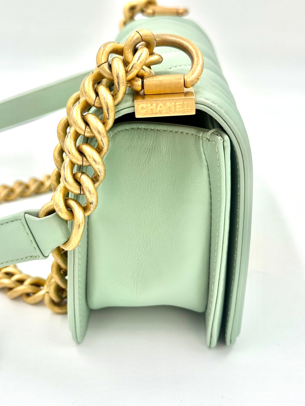 Pre-Owned Chanel Chevron Boy Bag Mint Green with Gold Hardware Small - Authenticated