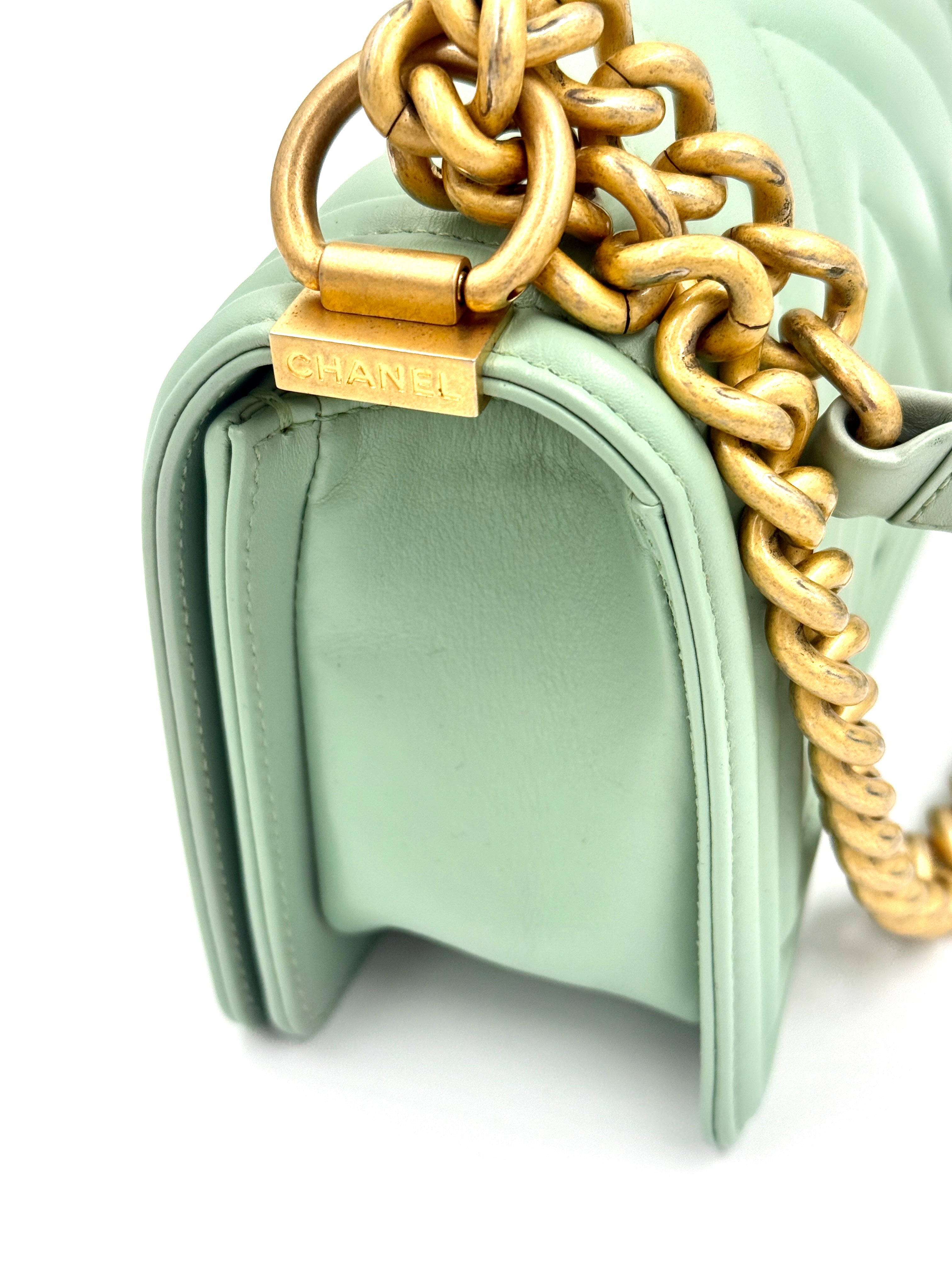 Pre-Owned Chanel Chevron Boy Bag Mint Green with Gold Hardware Small - Authenticated
