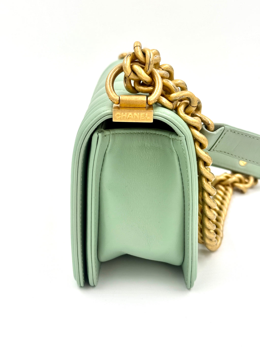 Pre-Owned Chanel Chevron Boy Bag Mint Green with Gold Hardware Small - Authenticated