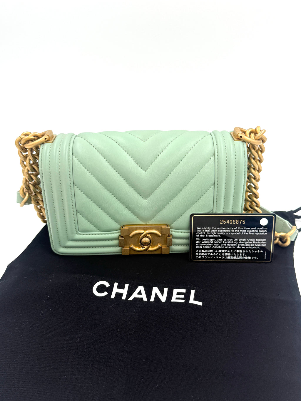Pre-Owned Chanel Chevron Boy Bag Mint Green with Gold Hardware Small - Authenticated