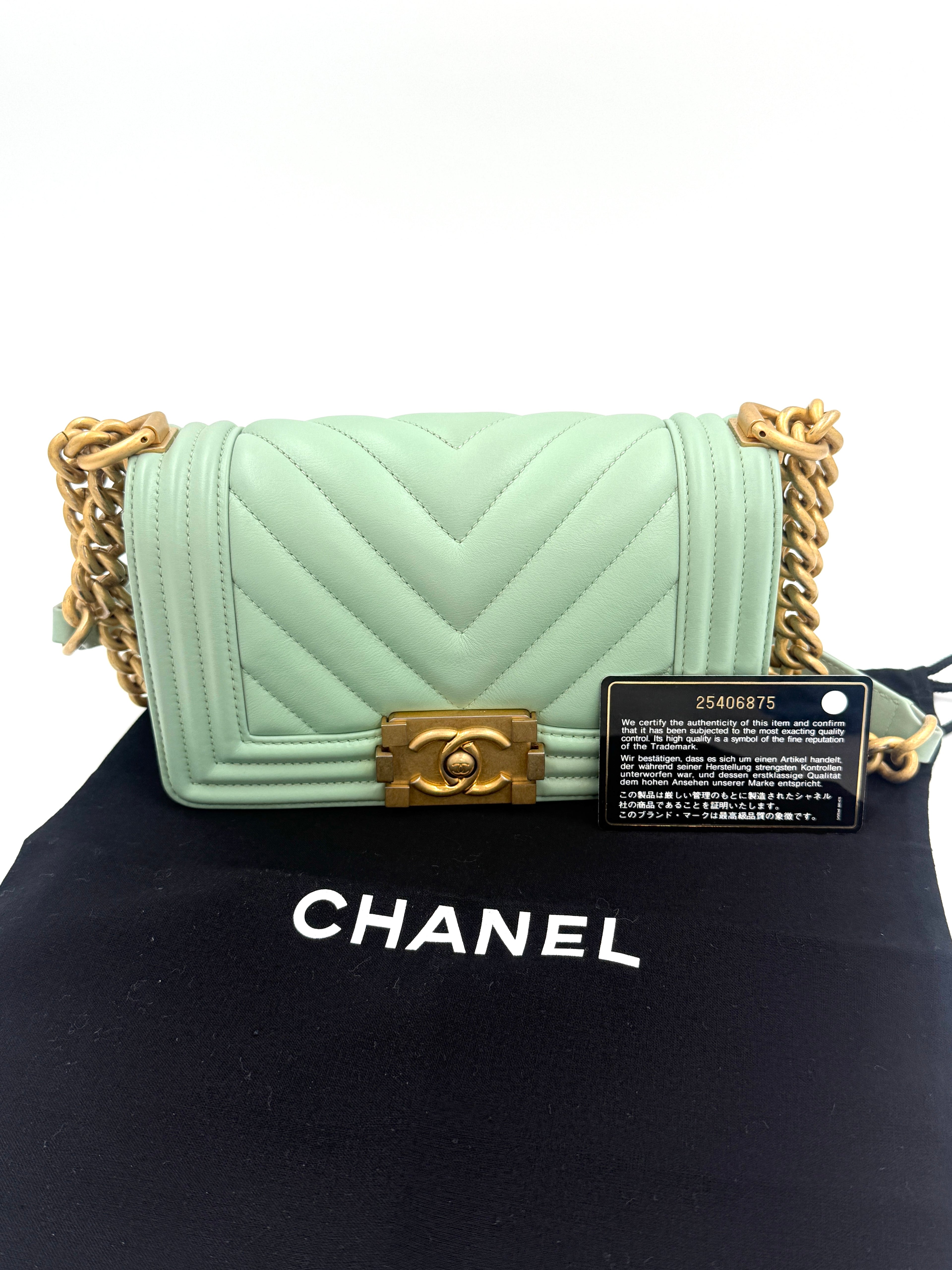 Pre-Owned Chanel Chevron Boy Bag Mint Green with Gold Hardware Small - Authenticated