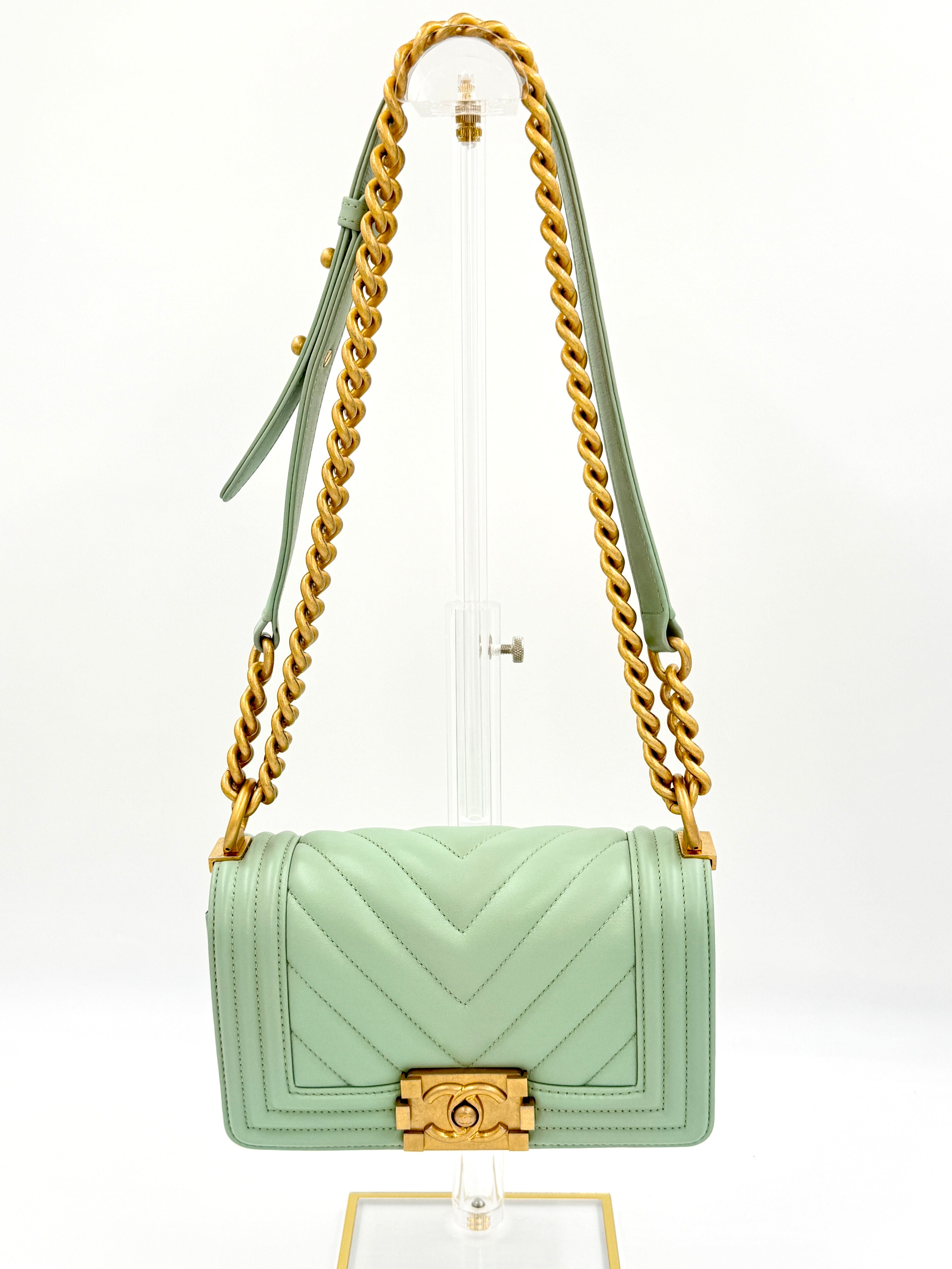 Pre-Owned Chanel Chevron Boy Bag Mint Green with Gold Hardware Small - Authenticated