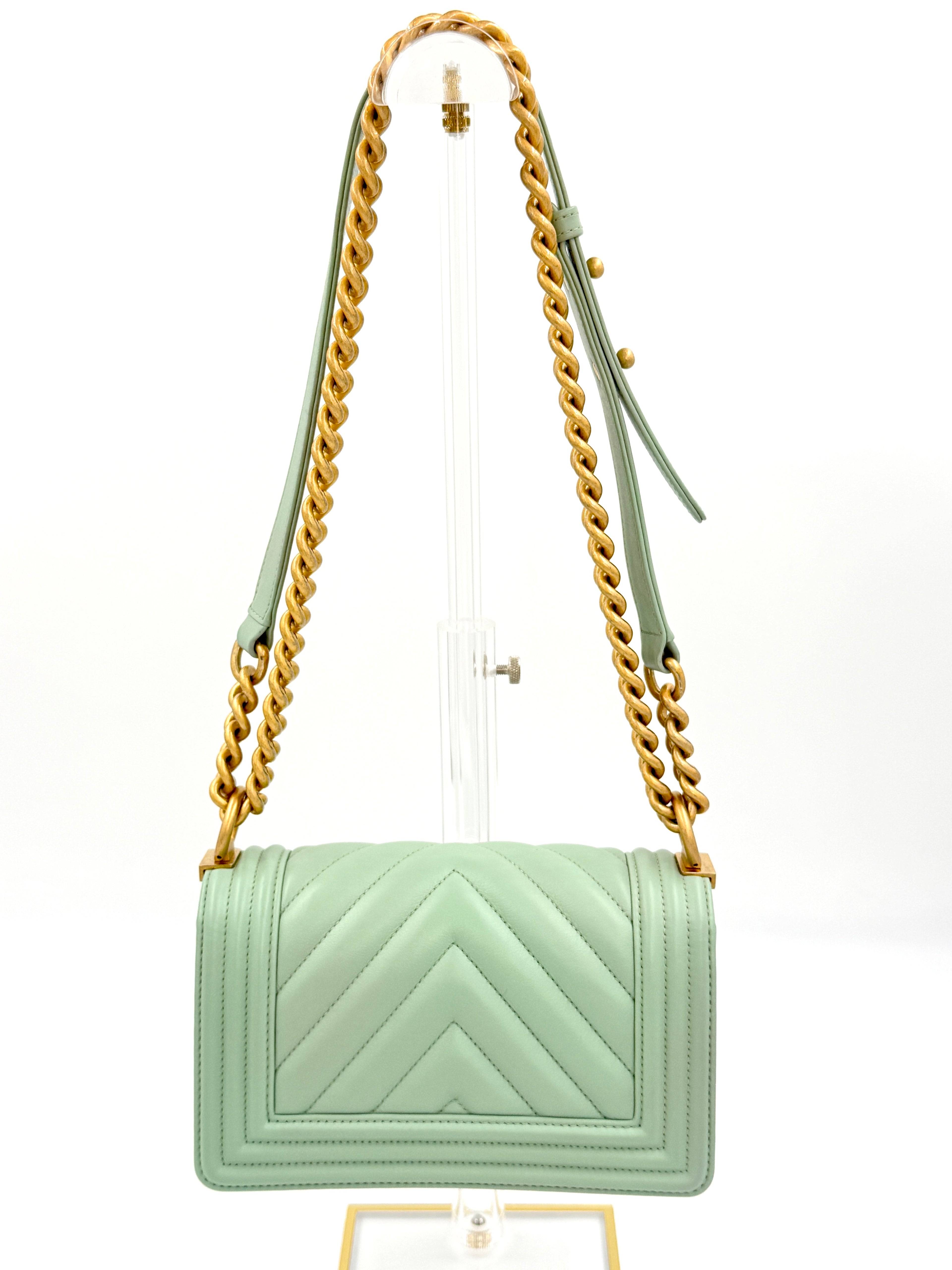 Pre-Owned Chanel Chevron Boy Bag Mint Green with Gold Hardware Small - Authenticated