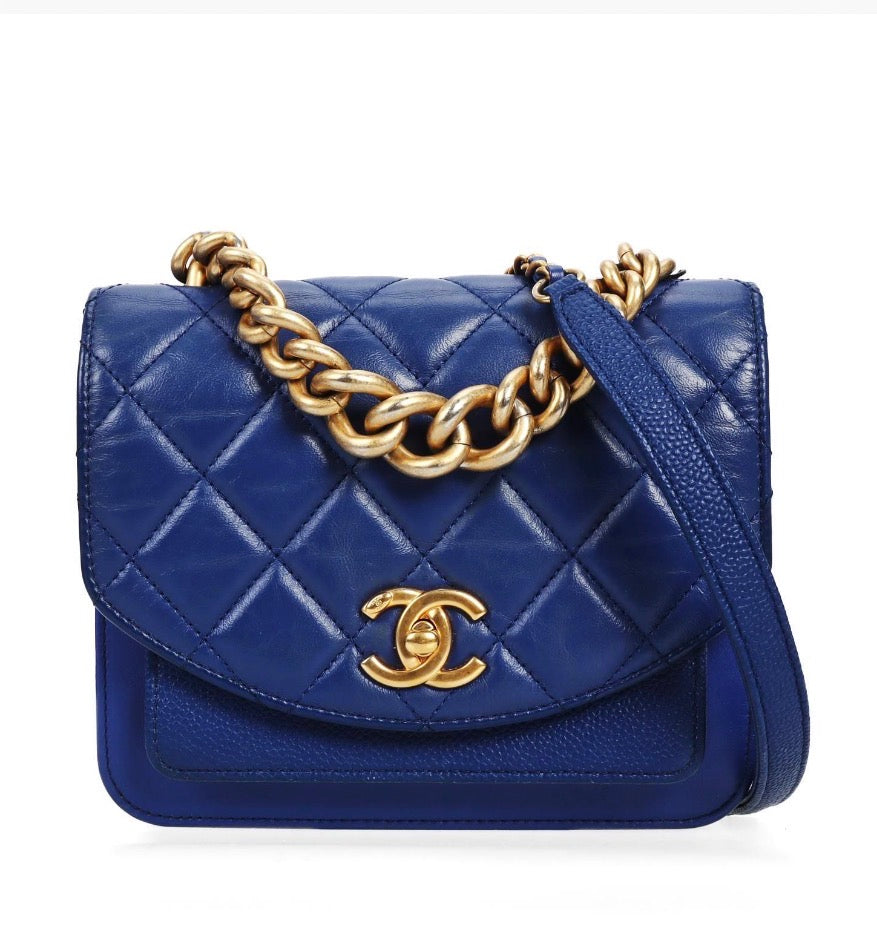 Pre-owned Chanel Calfskin Caviar Quilted Mini Chain Handle Flap Blue - Authenticated