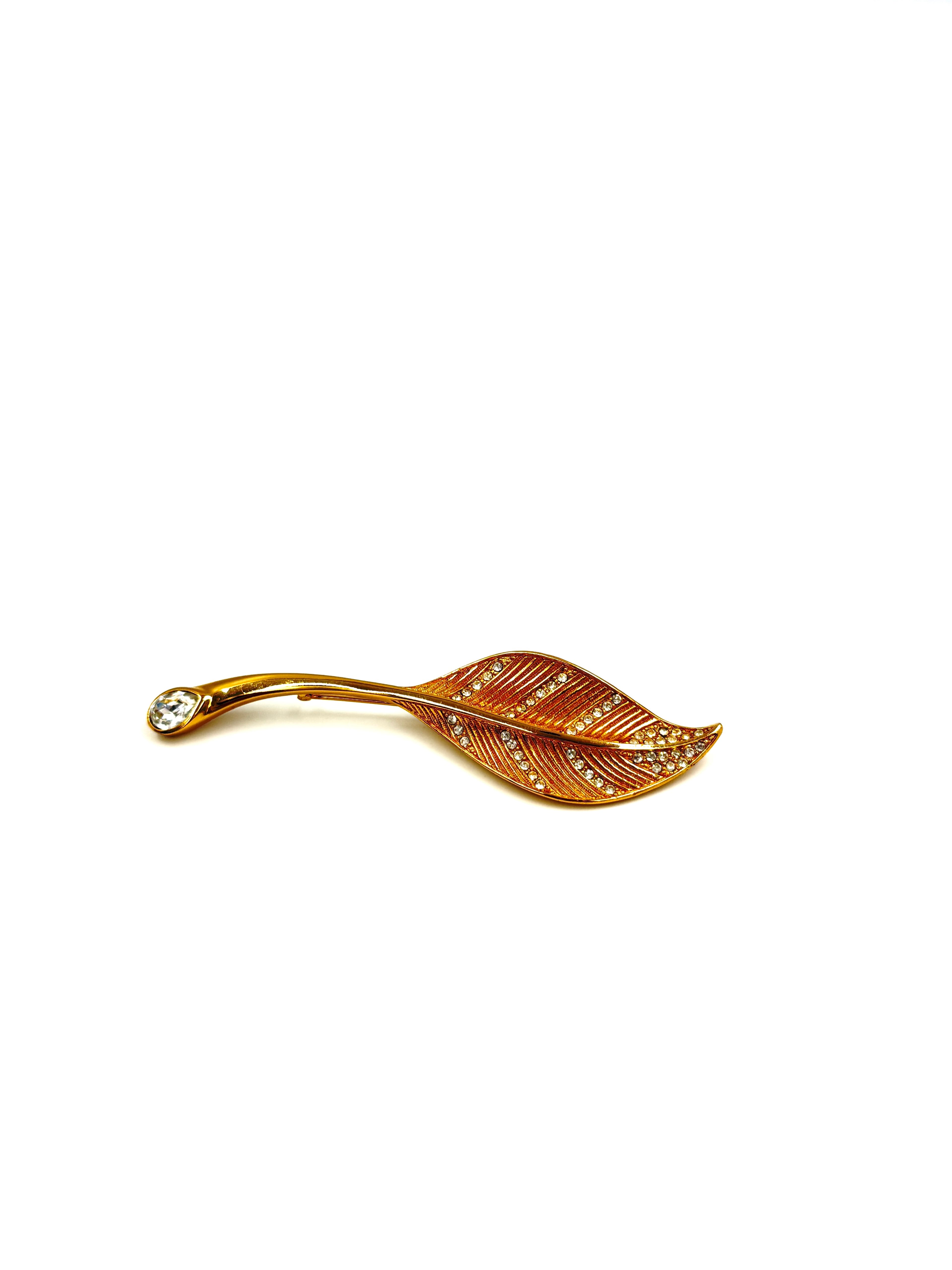 Pre-Owned Christian Dior Gold Plated Leaf Brooch with Crystals - Authenticated