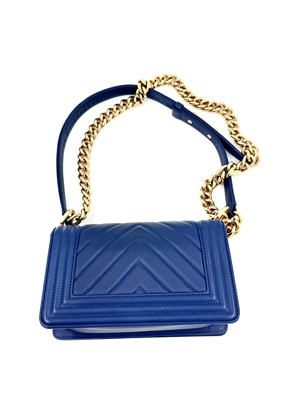 Pre-Owned Chanel Chevron Blue Boy Bag with Gold Hardware Small - Authenticated