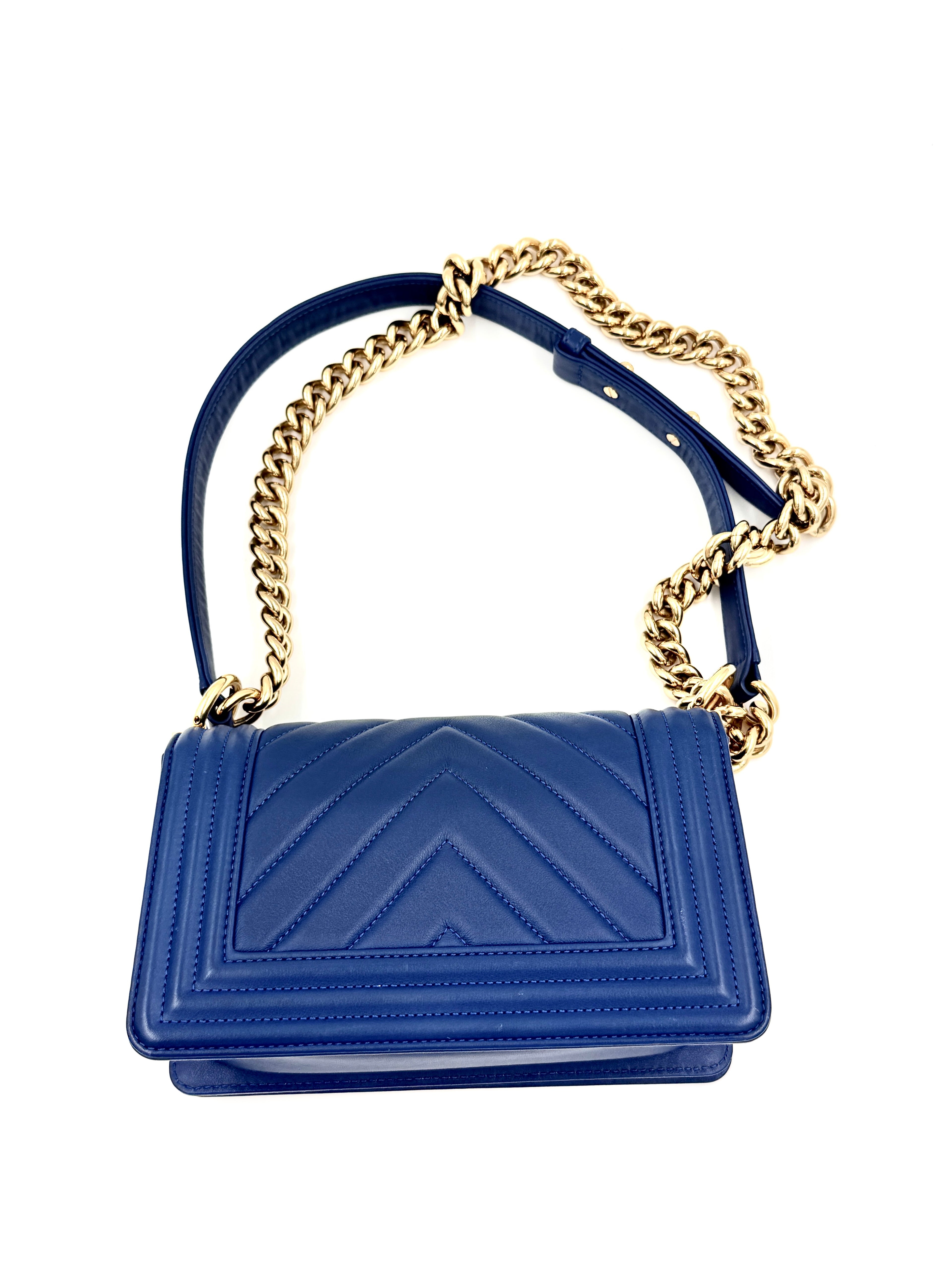 Pre-Owned Chanel Chevron Blue Boy Bag with Gold Hardware Small - Authenticated