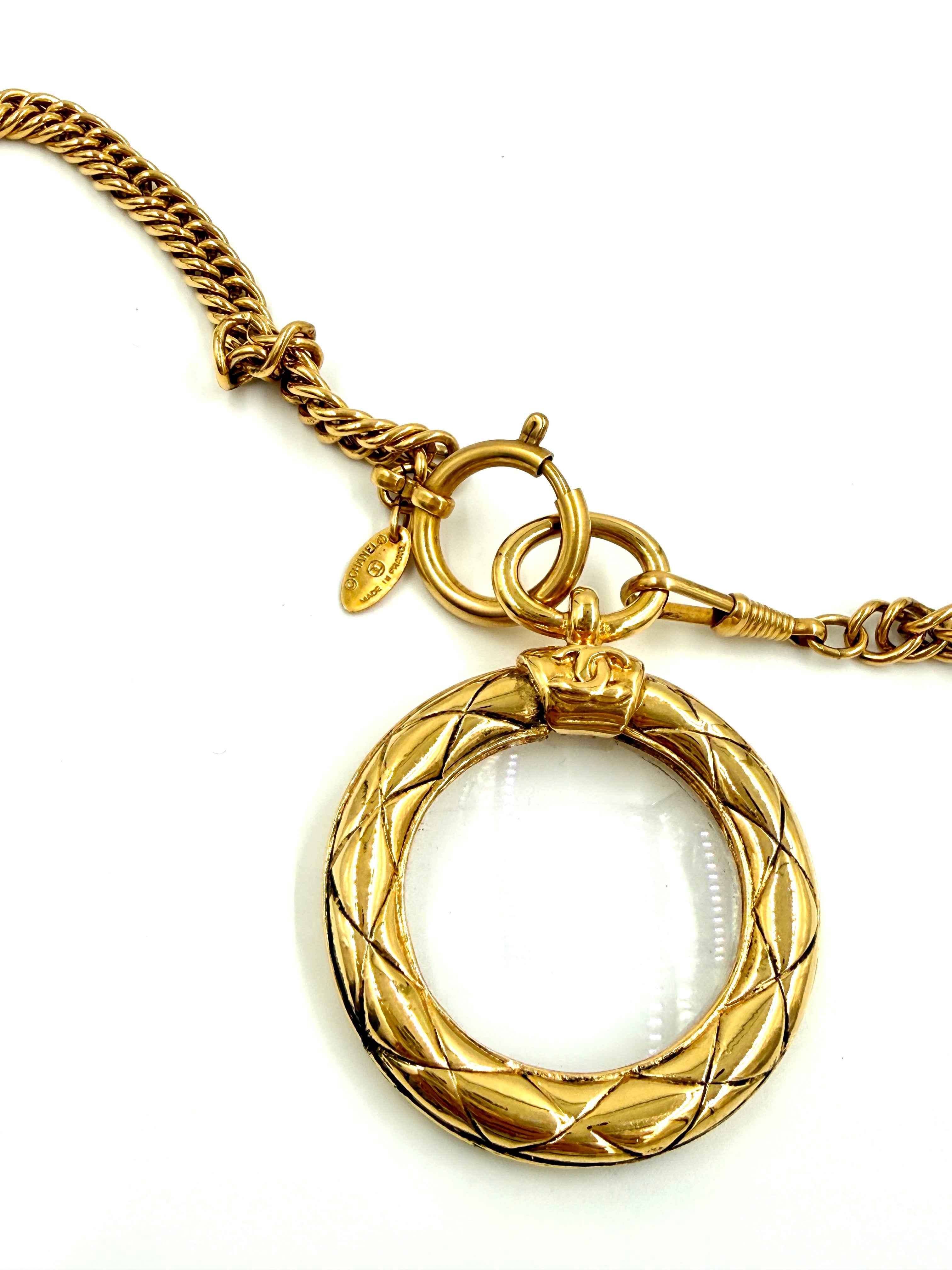 Pre-Owned Chanel Quilted CC Magnifying Glass Pendant Necklace 24k Gold Plated 37" - Authenticated