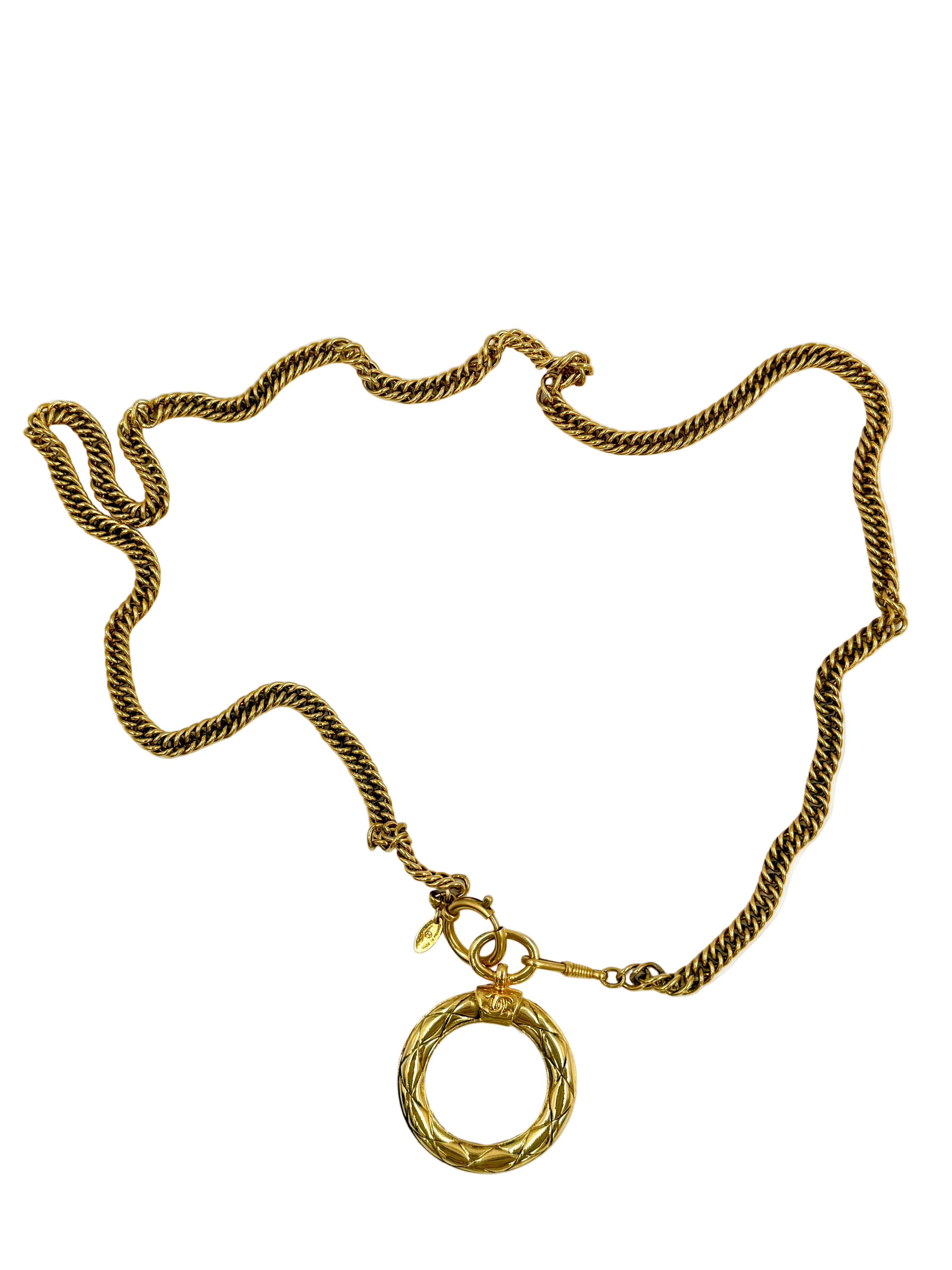 Pre-Owned Chanel Quilted CC Magnifying Glass Pendant Necklace 24k Gold Plated 37" - Authenticated