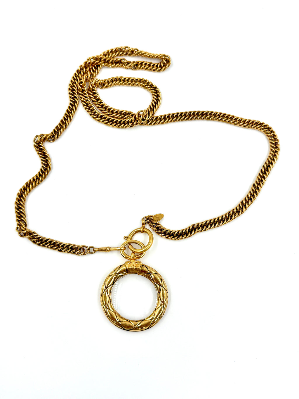 Pre-Owned Chanel Quilted CC Magnifying Glass Pendant Necklace 24k Gold Plated 37" - Authenticated