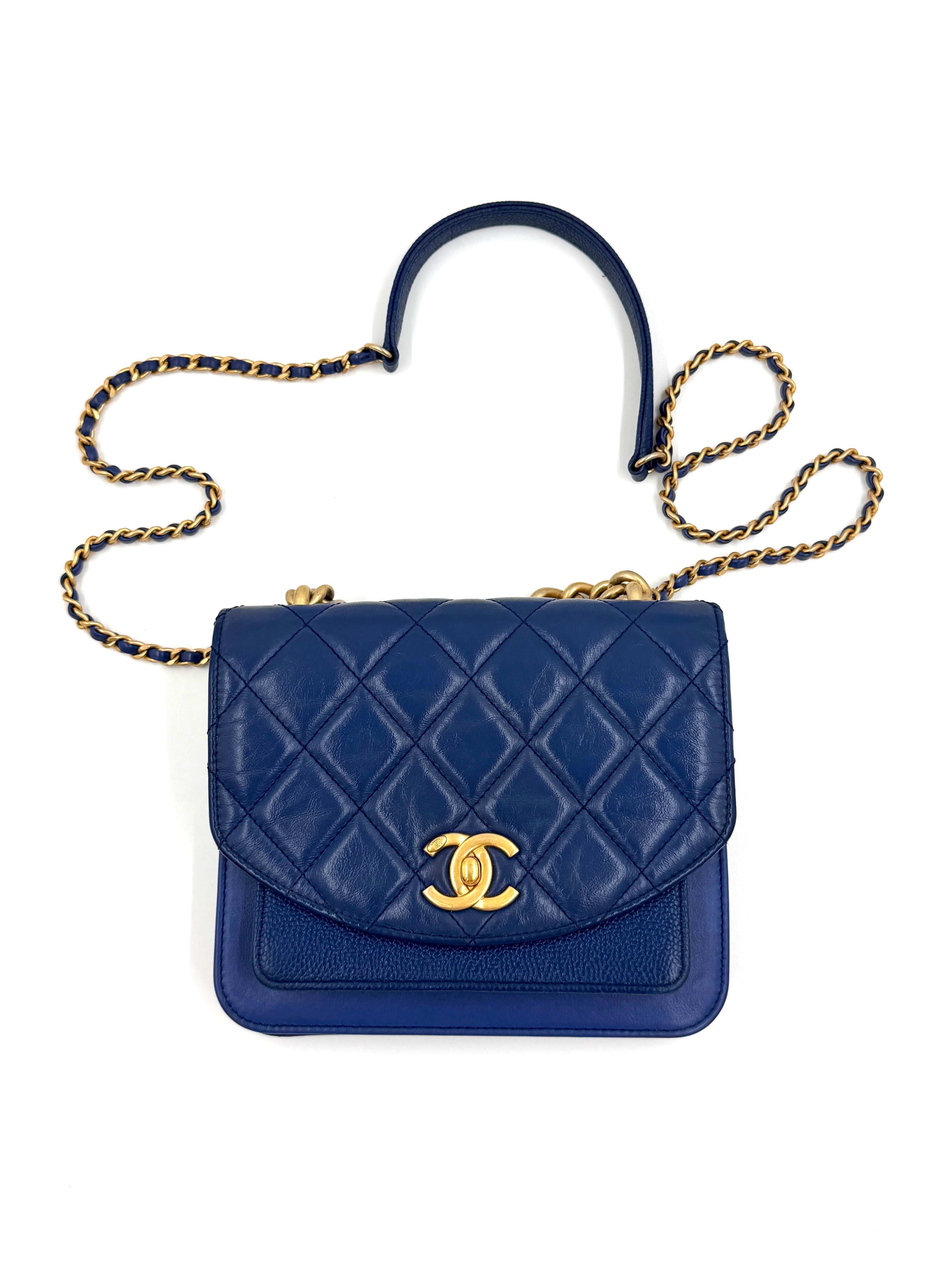 Pre-owned Chanel Calfskin Caviar Quilted Mini Chain Handle Flap Blue - Authenticated
