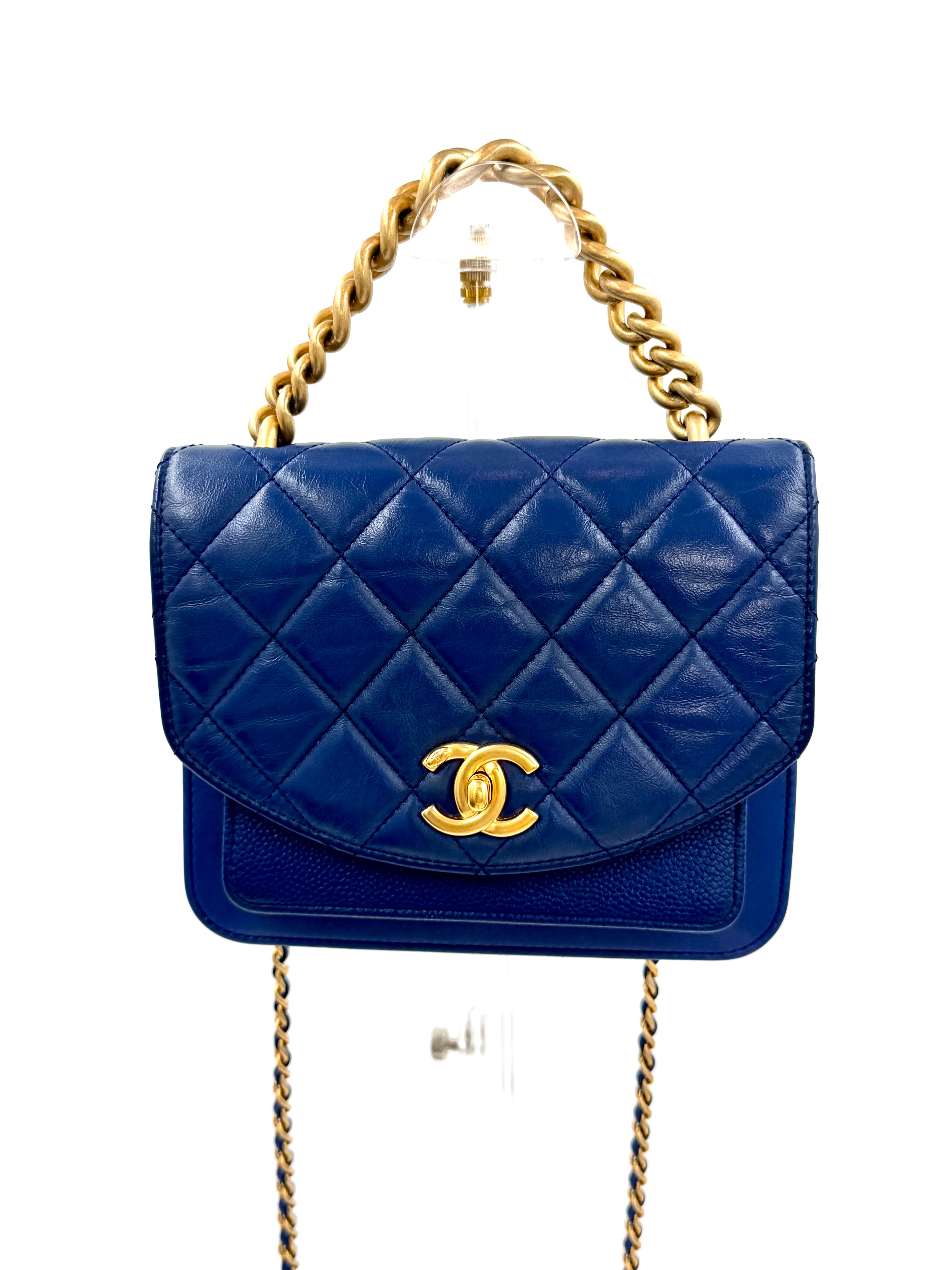 Pre-owned Chanel Calfskin Caviar Quilted Mini Chain Handle Flap Blue - Authenticated