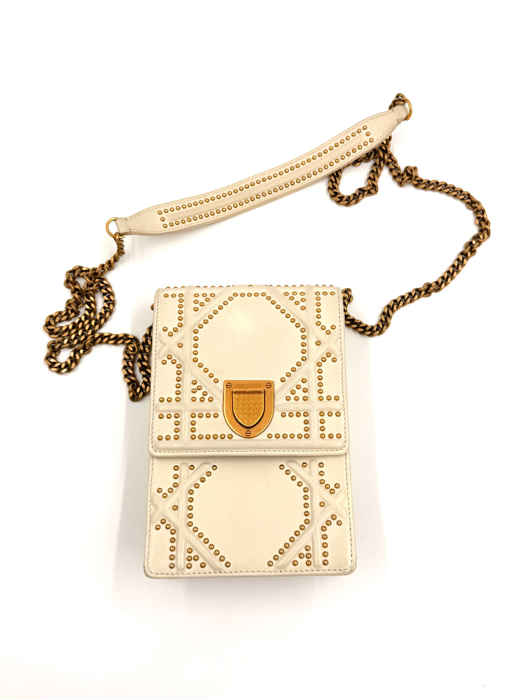 Pre-owned Christian Dior Diorama Vertical Clutch in Ivory with Gold Studs and Hardware - Authenticated