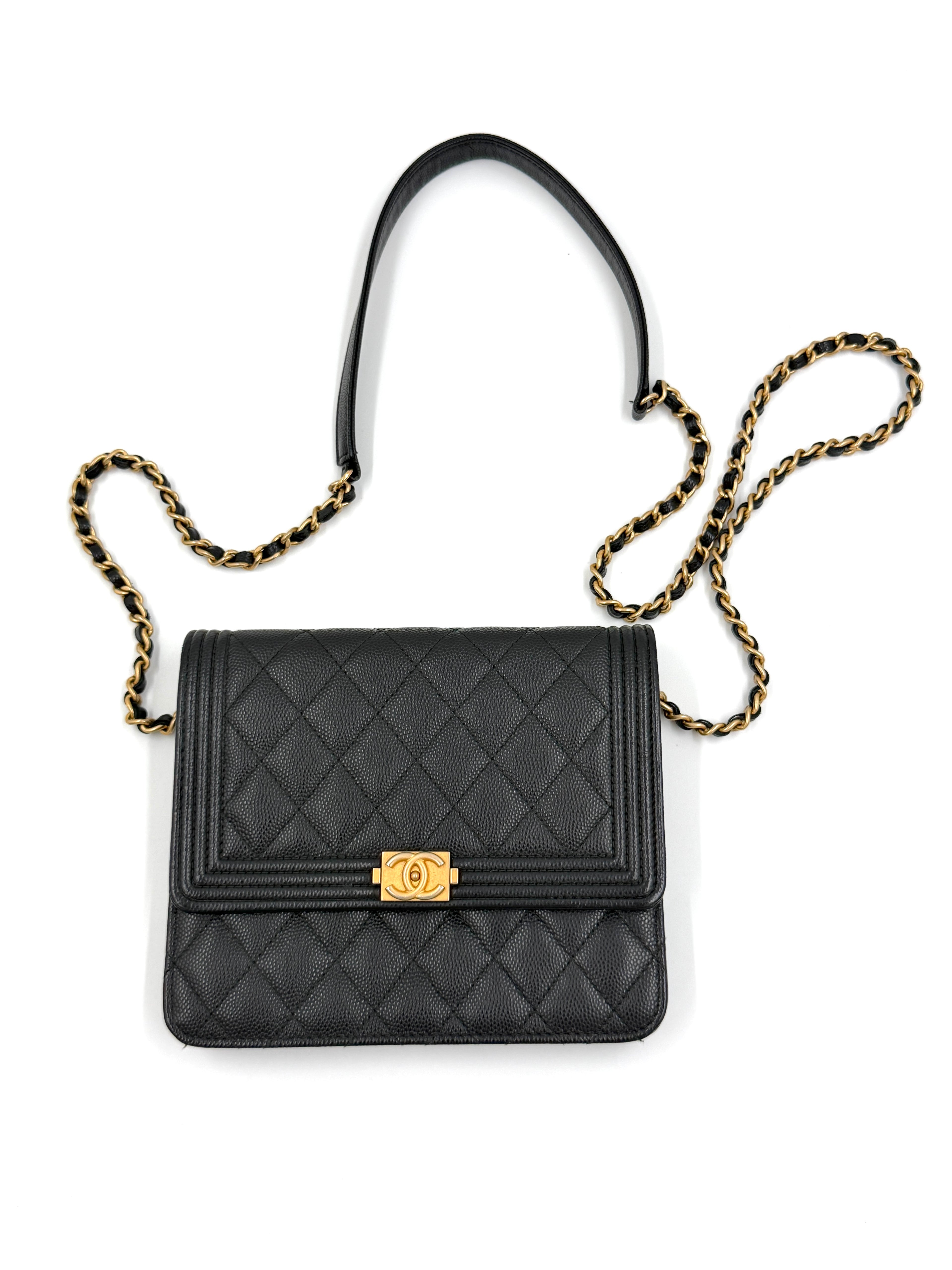 Pre-owned Chanel Boy Wallet on Chain (WOC) Black Caviar Gold Hardware - Authenticated
