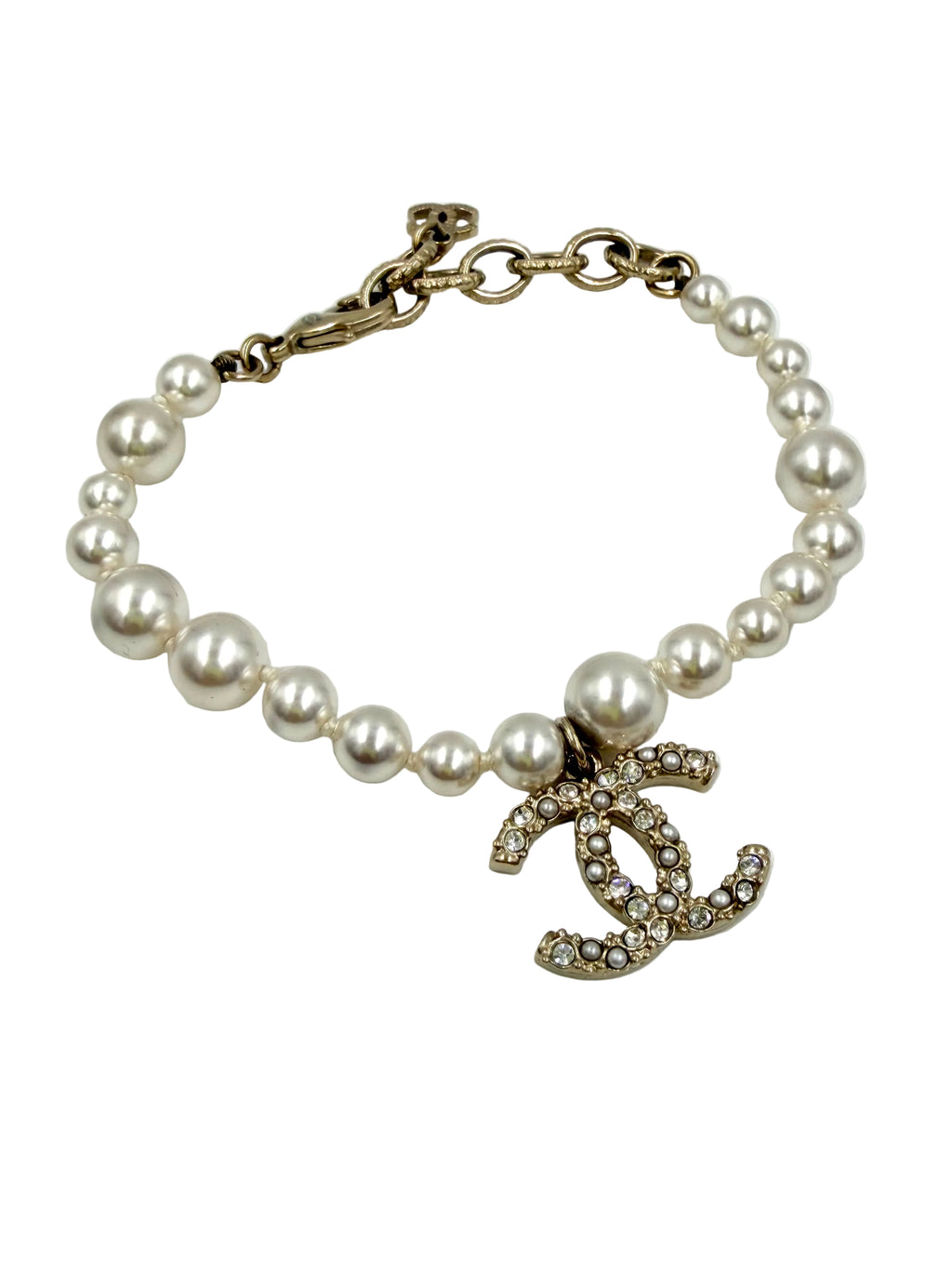 Pre-owned Chanel Faux Pearl Crystal CC Logo Charm Bracelet - Authenticated
