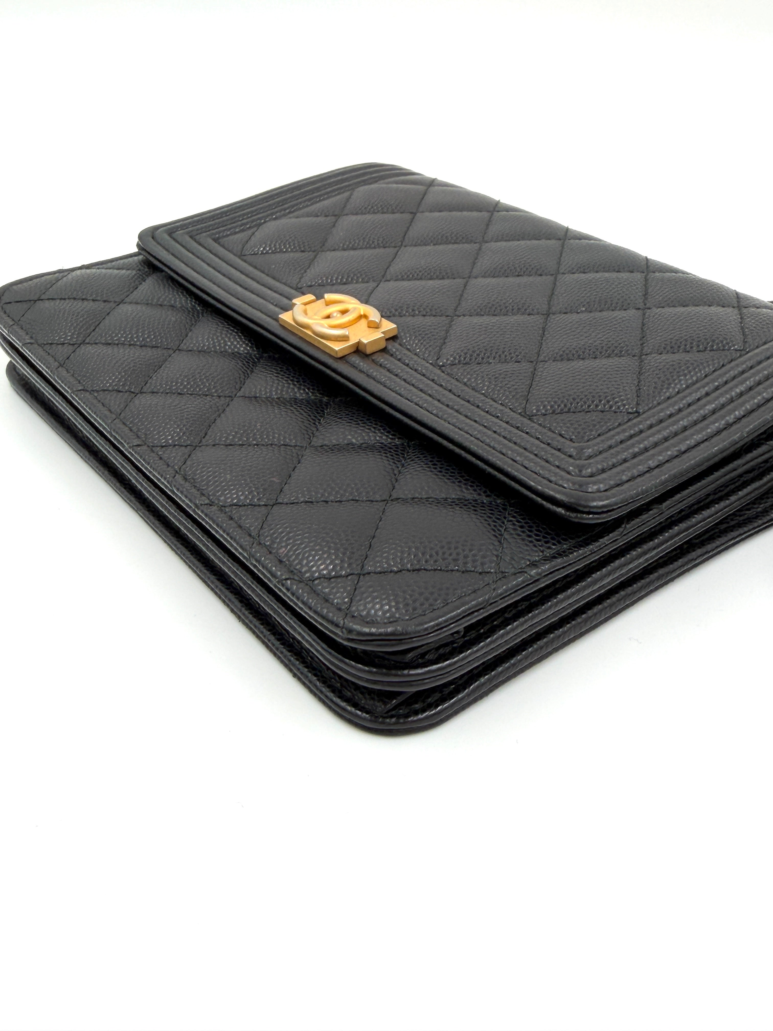 Pre-owned Chanel Boy Wallet on Chain (WOC) Black Caviar Gold Hardware - Authenticated