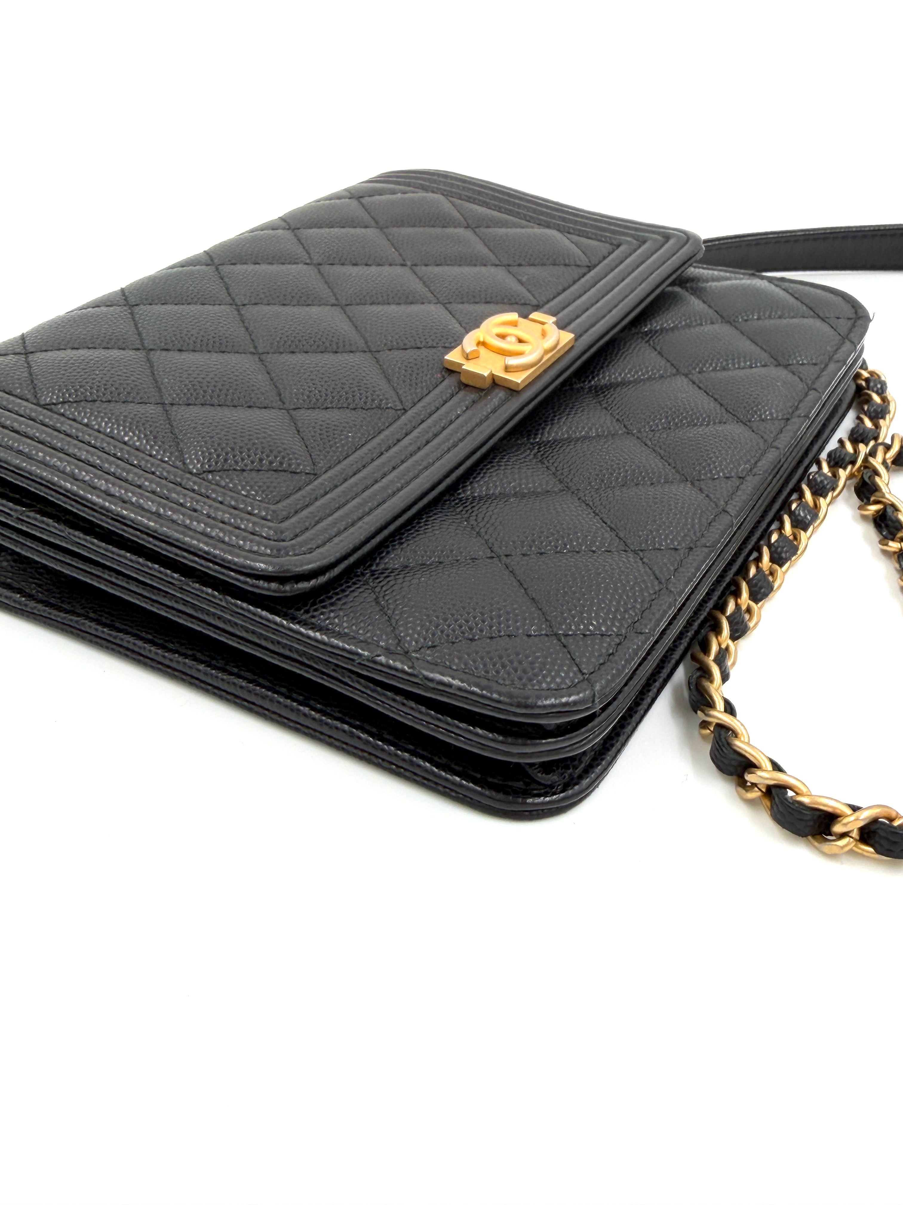 Pre-owned Chanel Boy Wallet on Chain (WOC) Black Caviar Gold Hardware - Authenticated