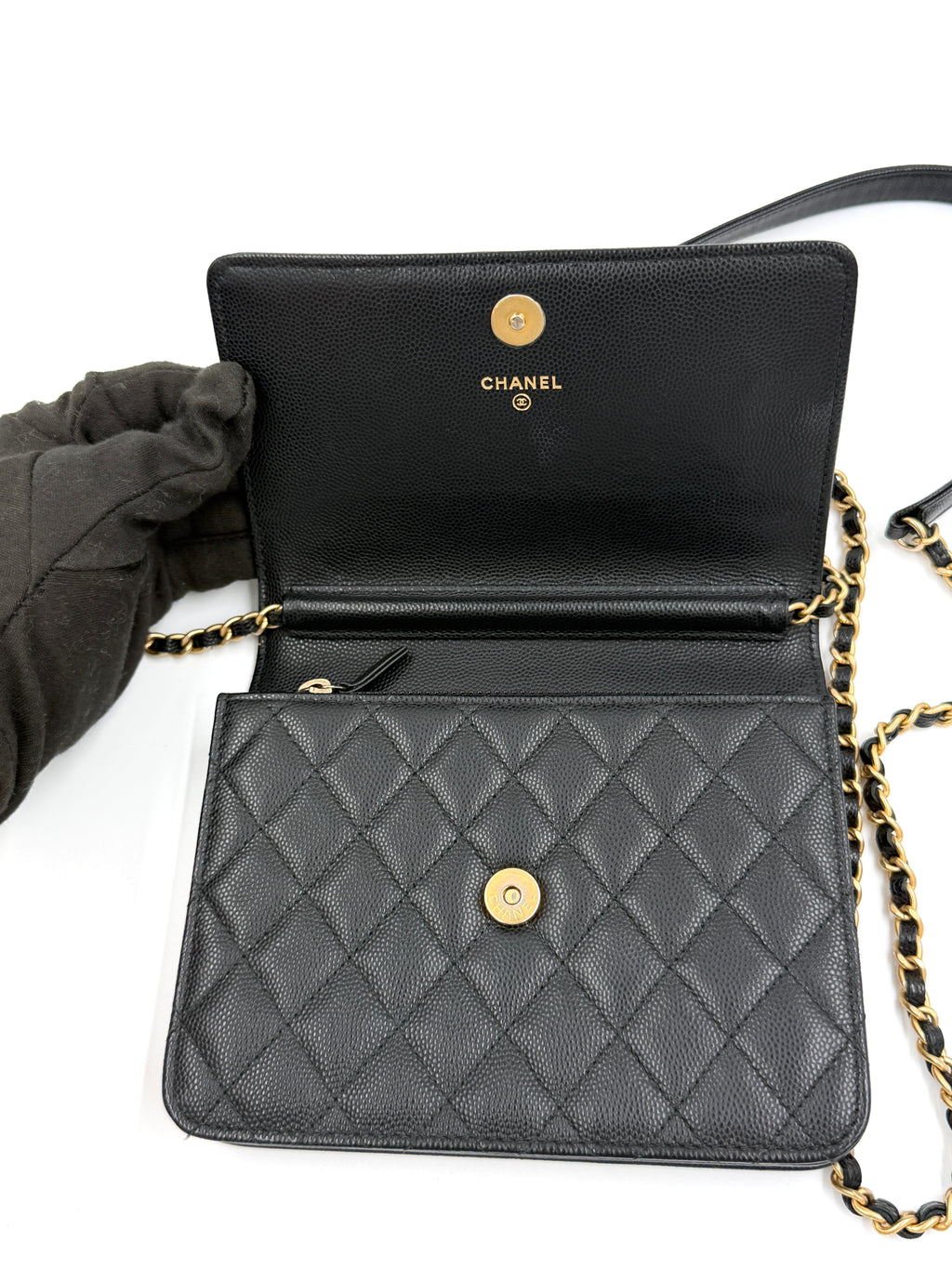Pre-owned Chanel Boy Wallet on Chain (WOC) Black Caviar Gold Hardware - Authenticated