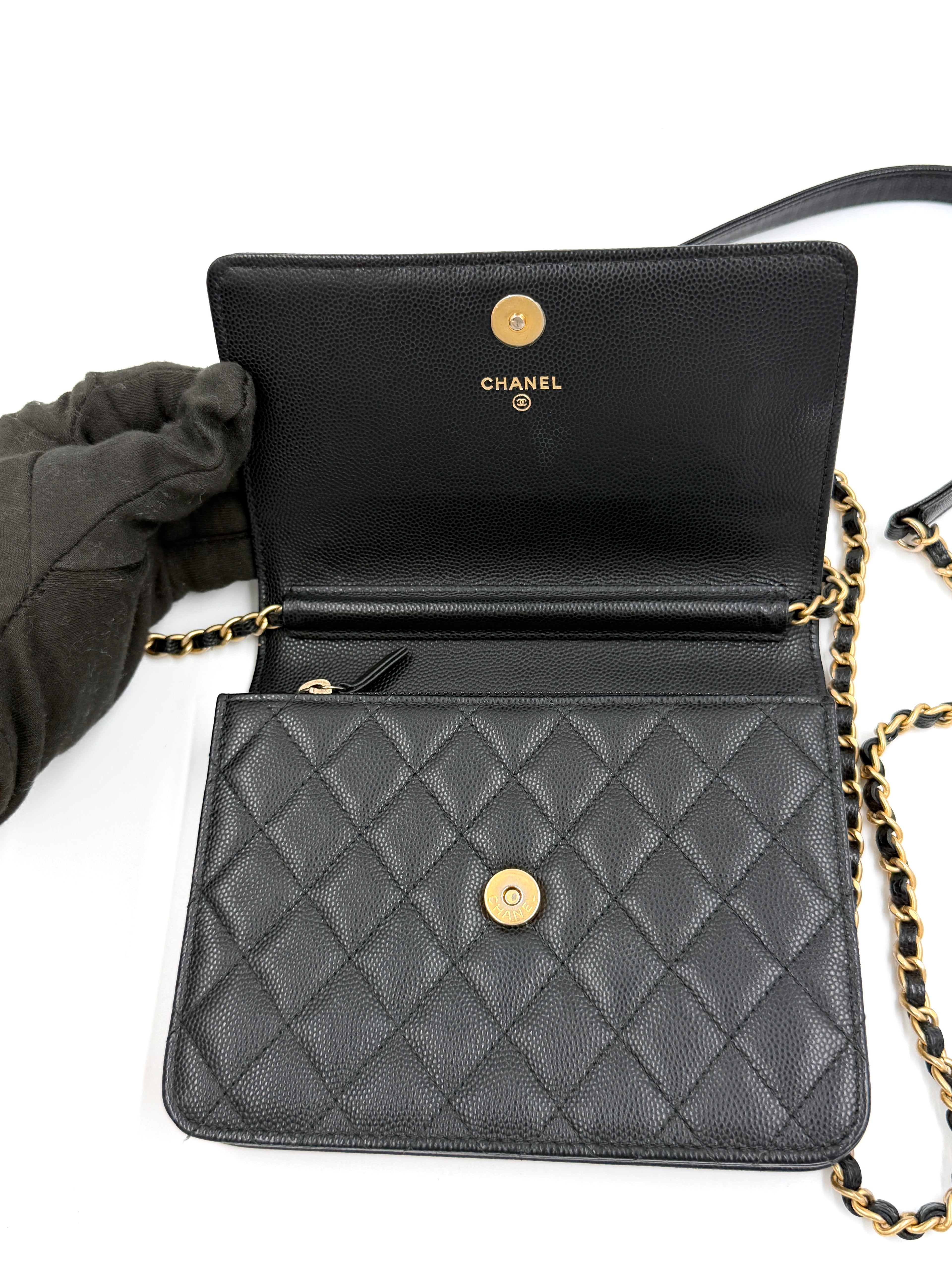 Pre-owned Chanel Boy Wallet on Chain (WOC) Black Caviar Gold Hardware - Authenticated