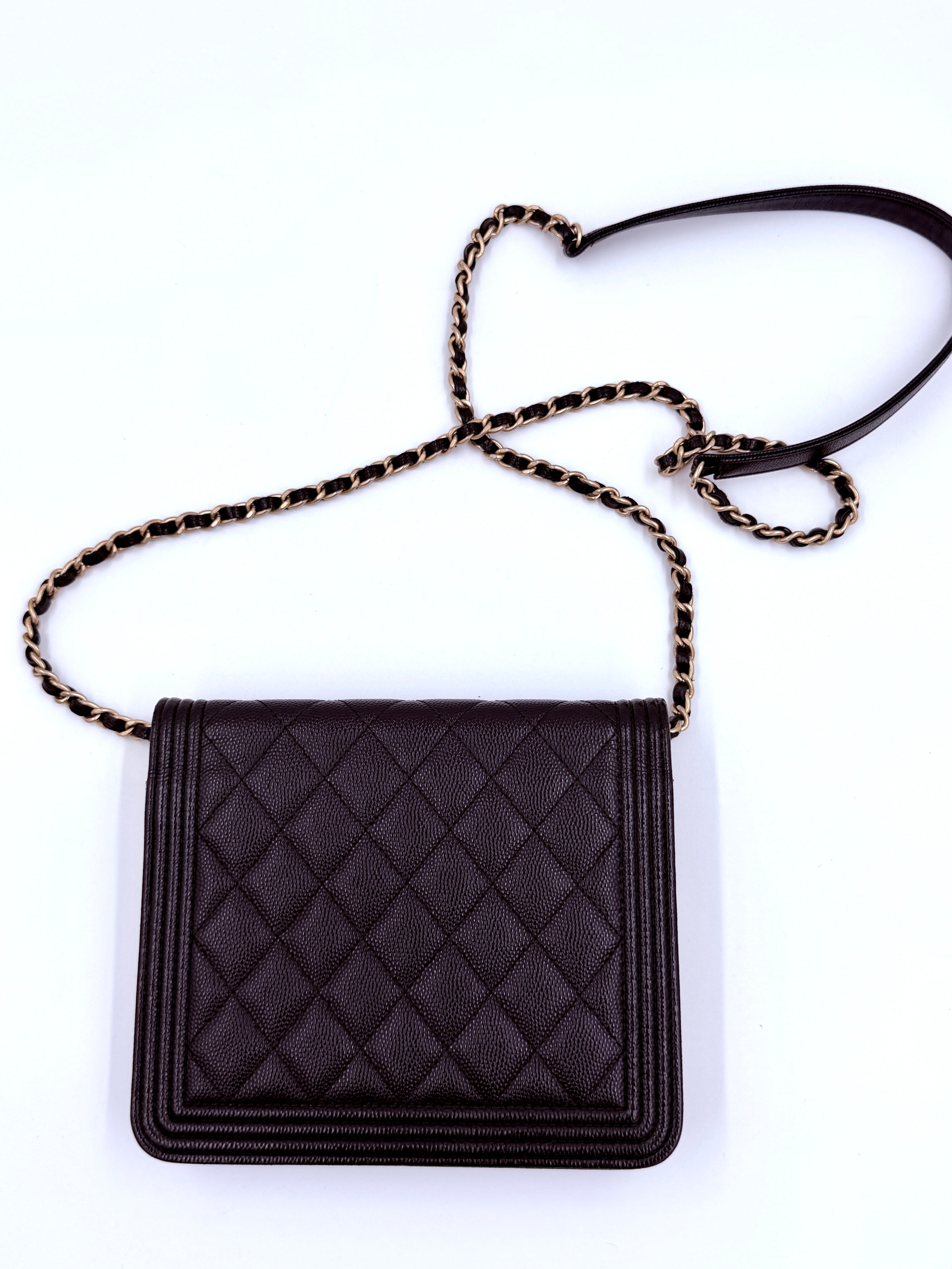 Pre-owned Chanel Boy Wallet on Chain (WOC) Black Caviar Gold Hardware - Authenticated
